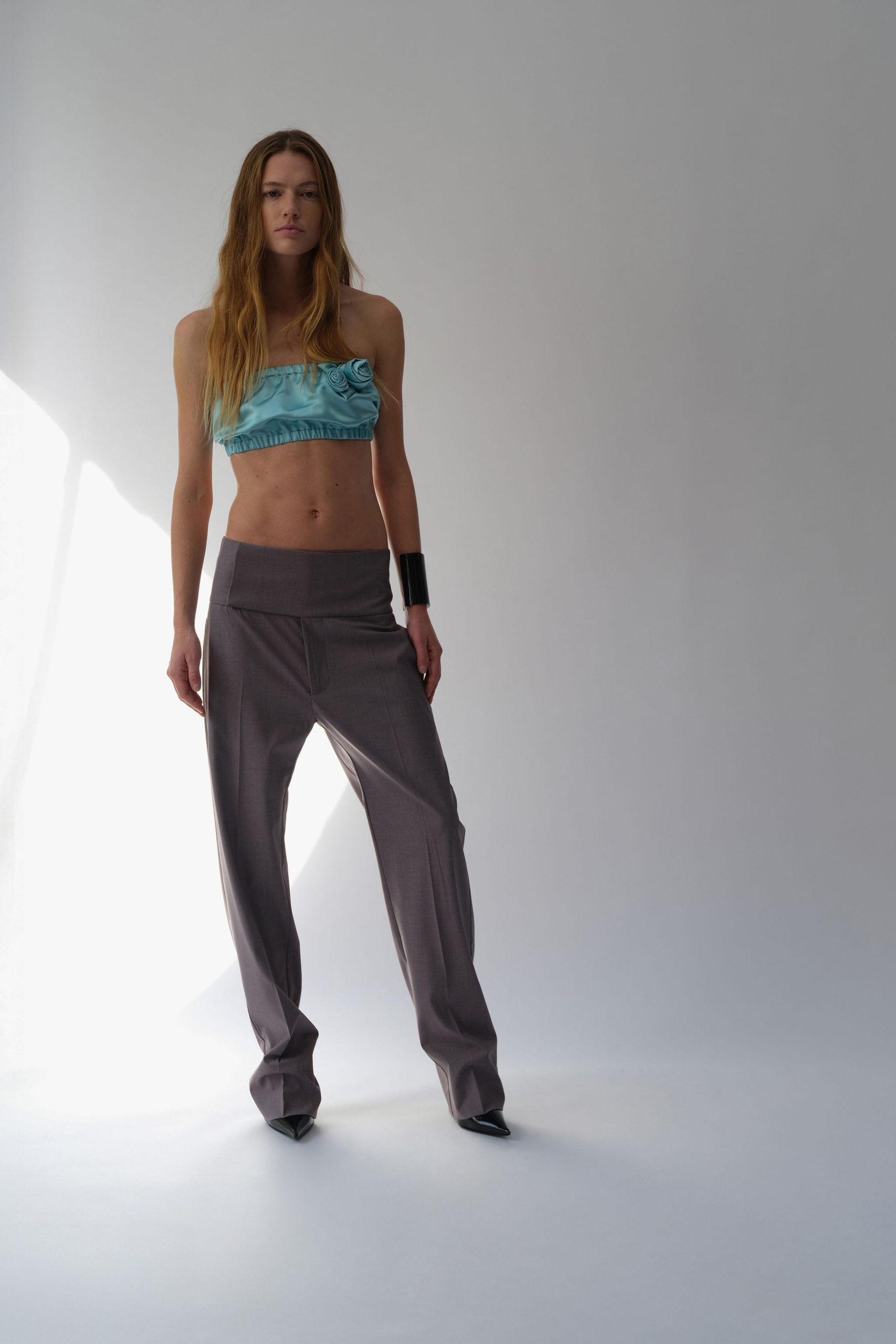 blue silk strapless fitted ruffled cropped crop-top