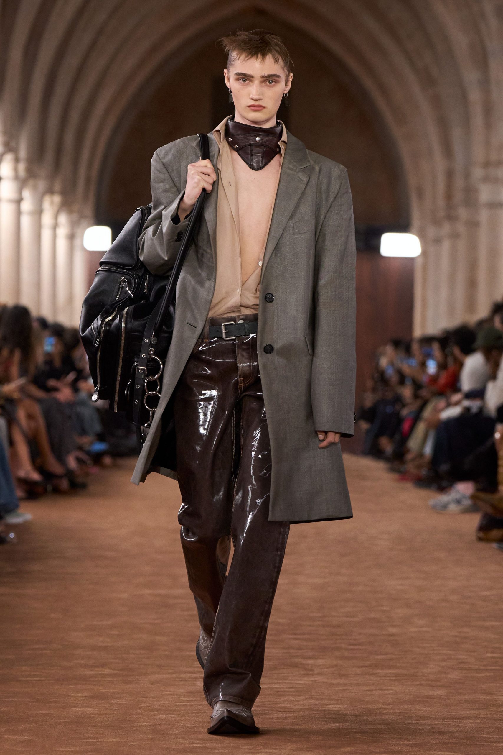 brown vinyl fitted straight-leg shiny pants
