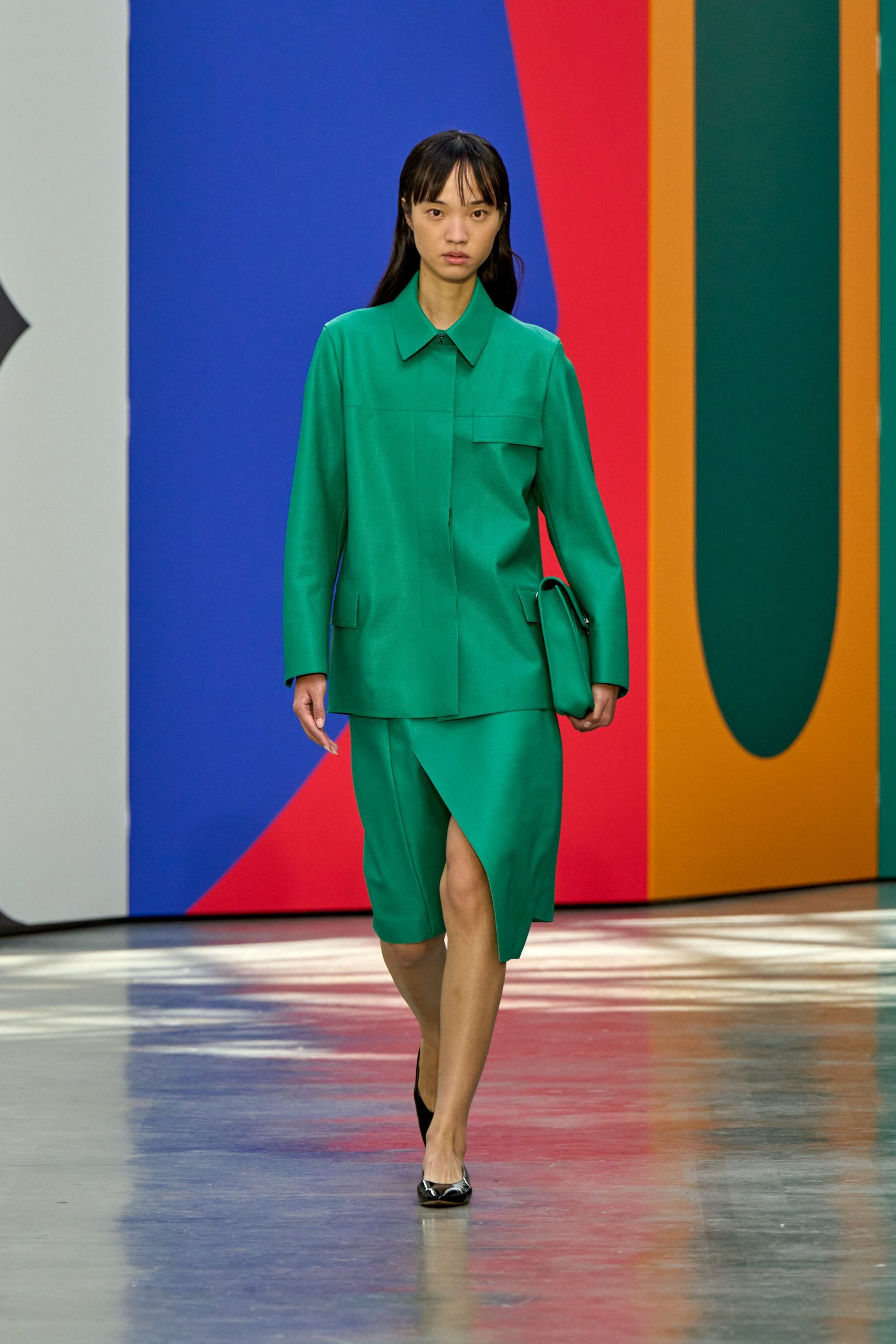 green blazer and skirt outfit