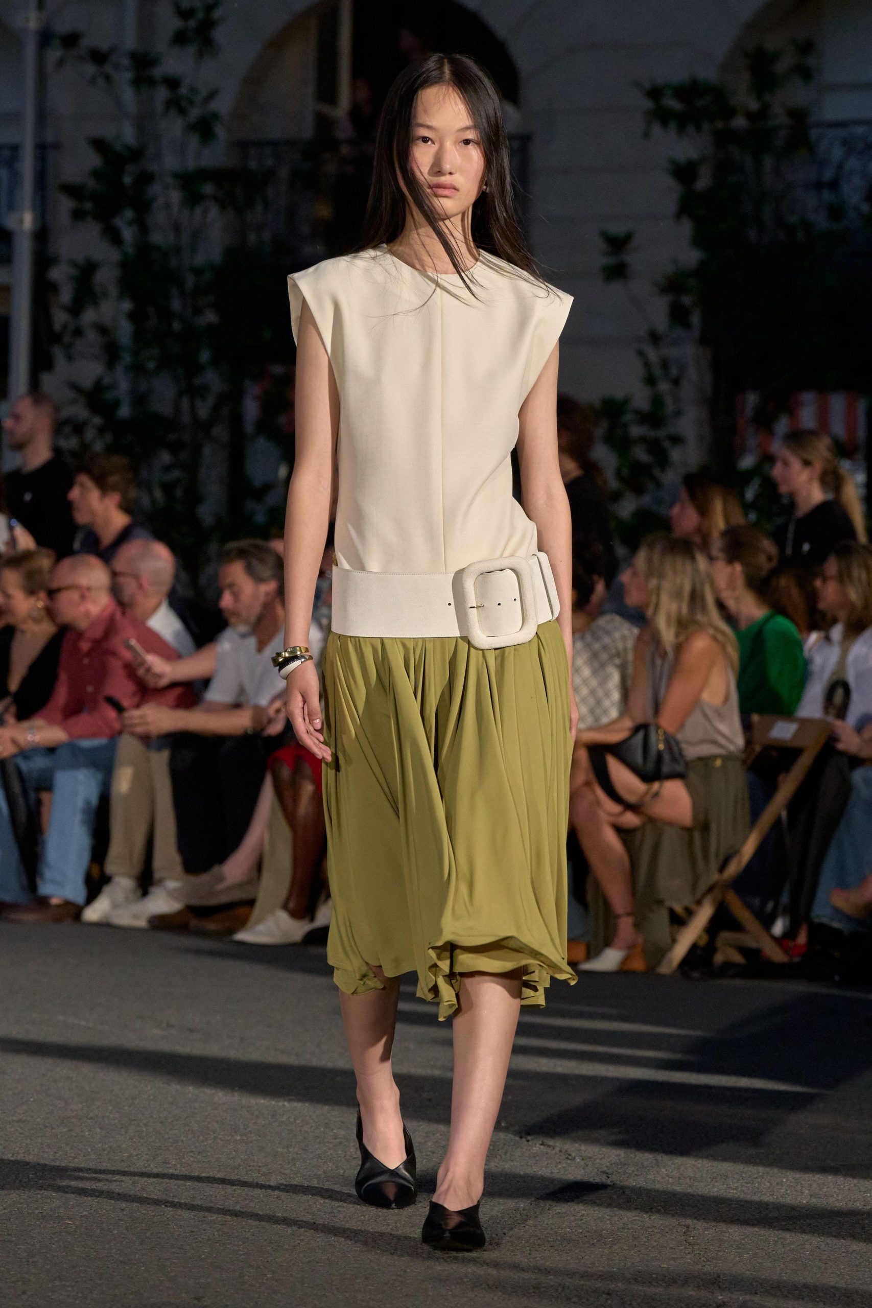 beige cotton sleeveless high-neck fitted belted top