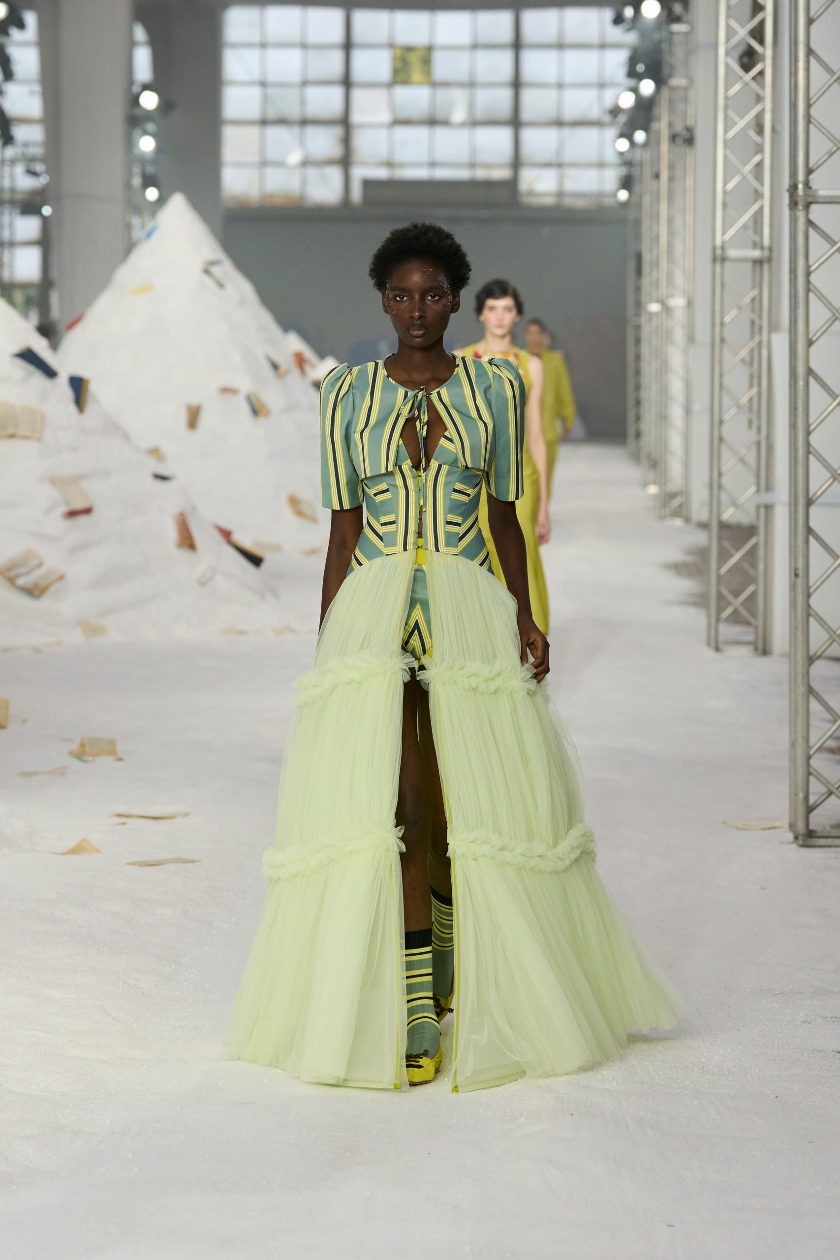 yellow green pleated gown