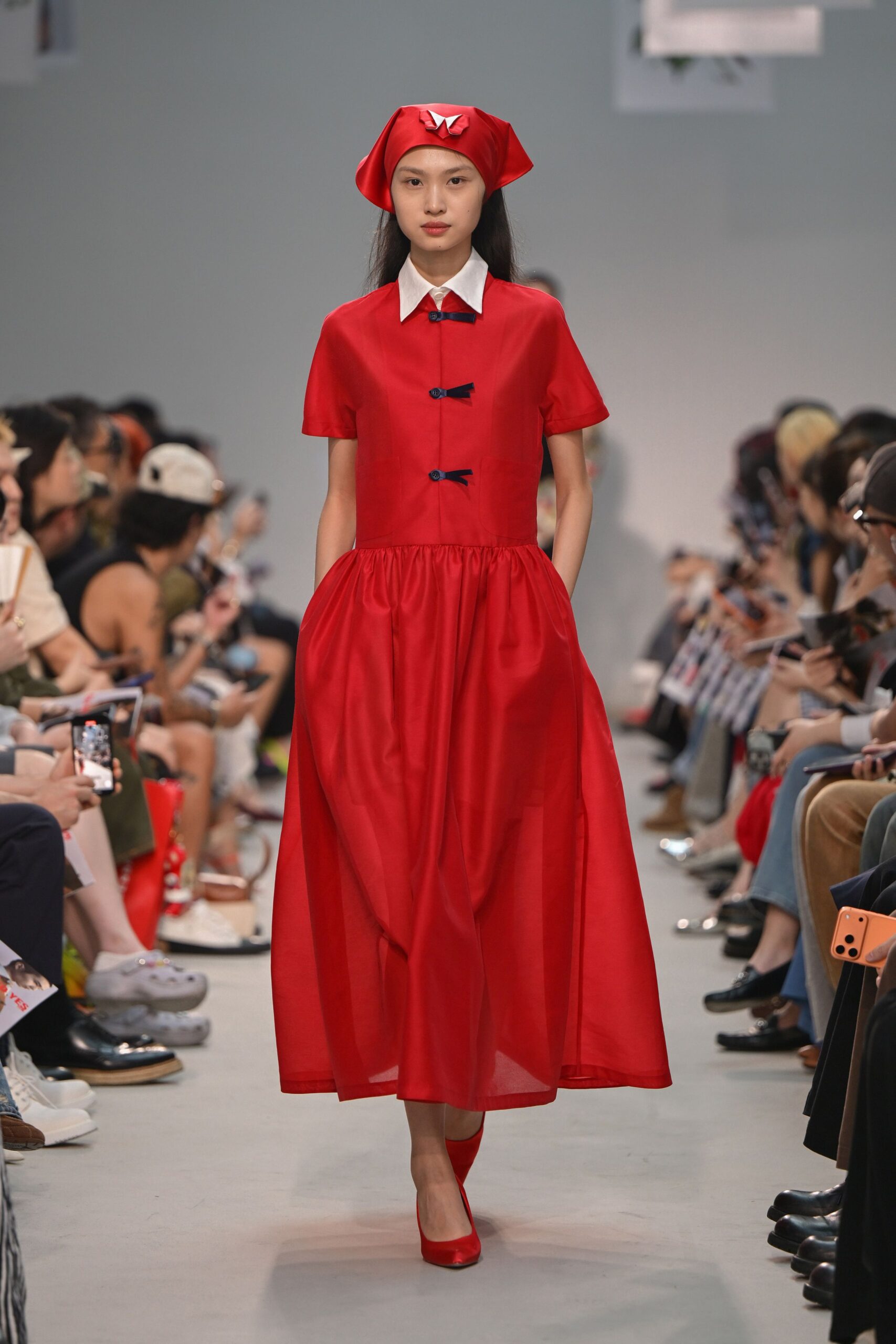 red cotton short-sleeve collared fitted pleated midi dress