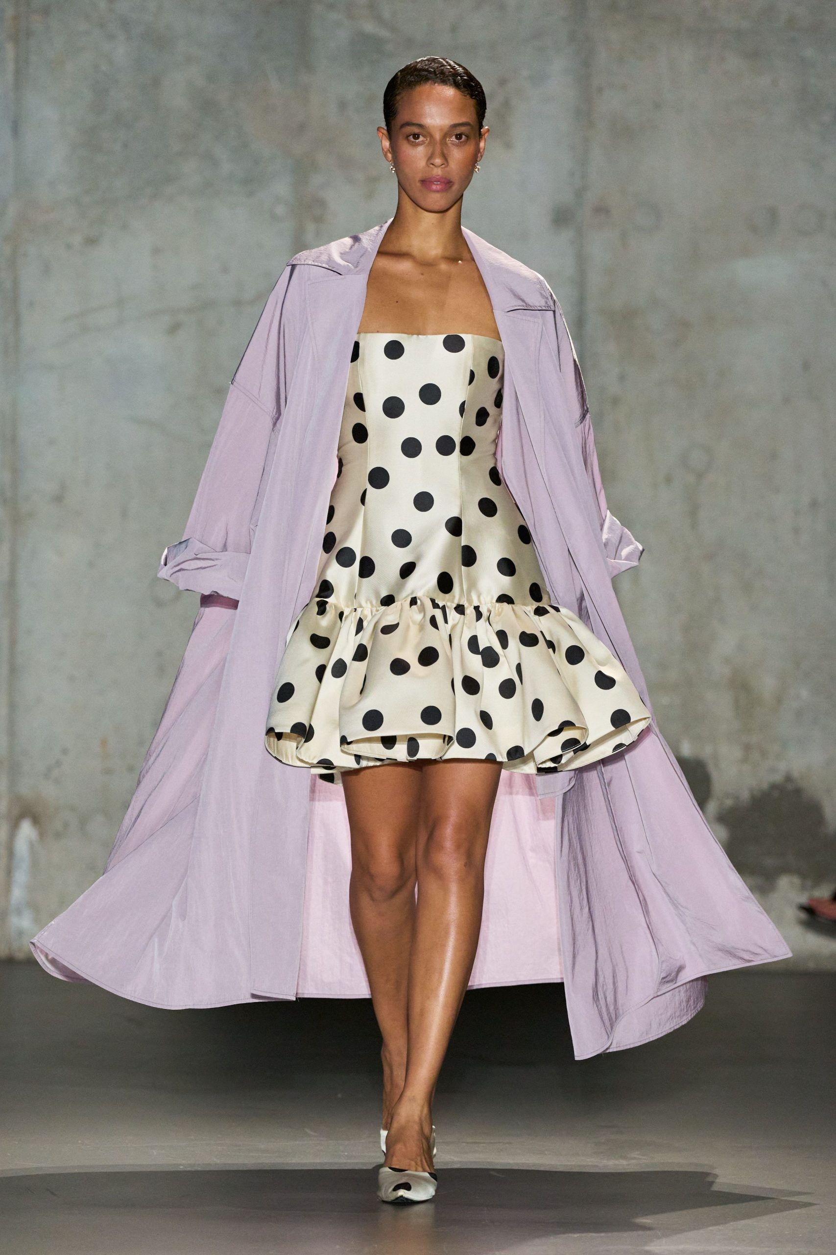 beige silk sleeveless strapless fitted polka-dot flared dress