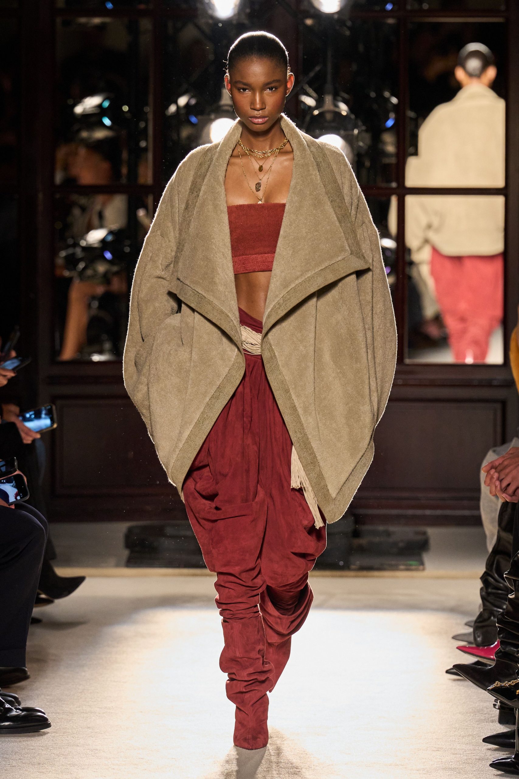beige wool long-sleeve oversized draped coat
