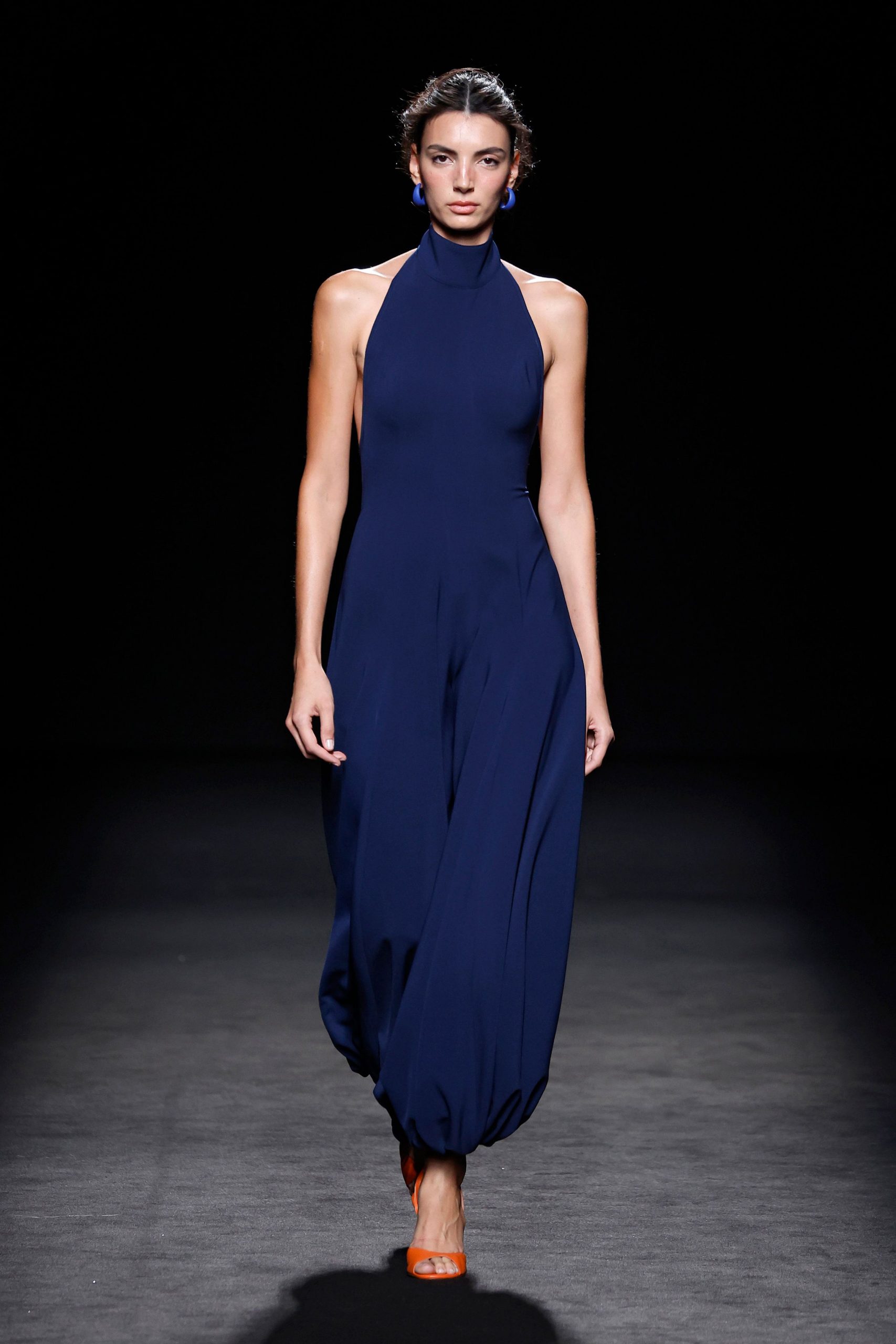 blue silk sleeveless halter relaxed pleated jumpsuit