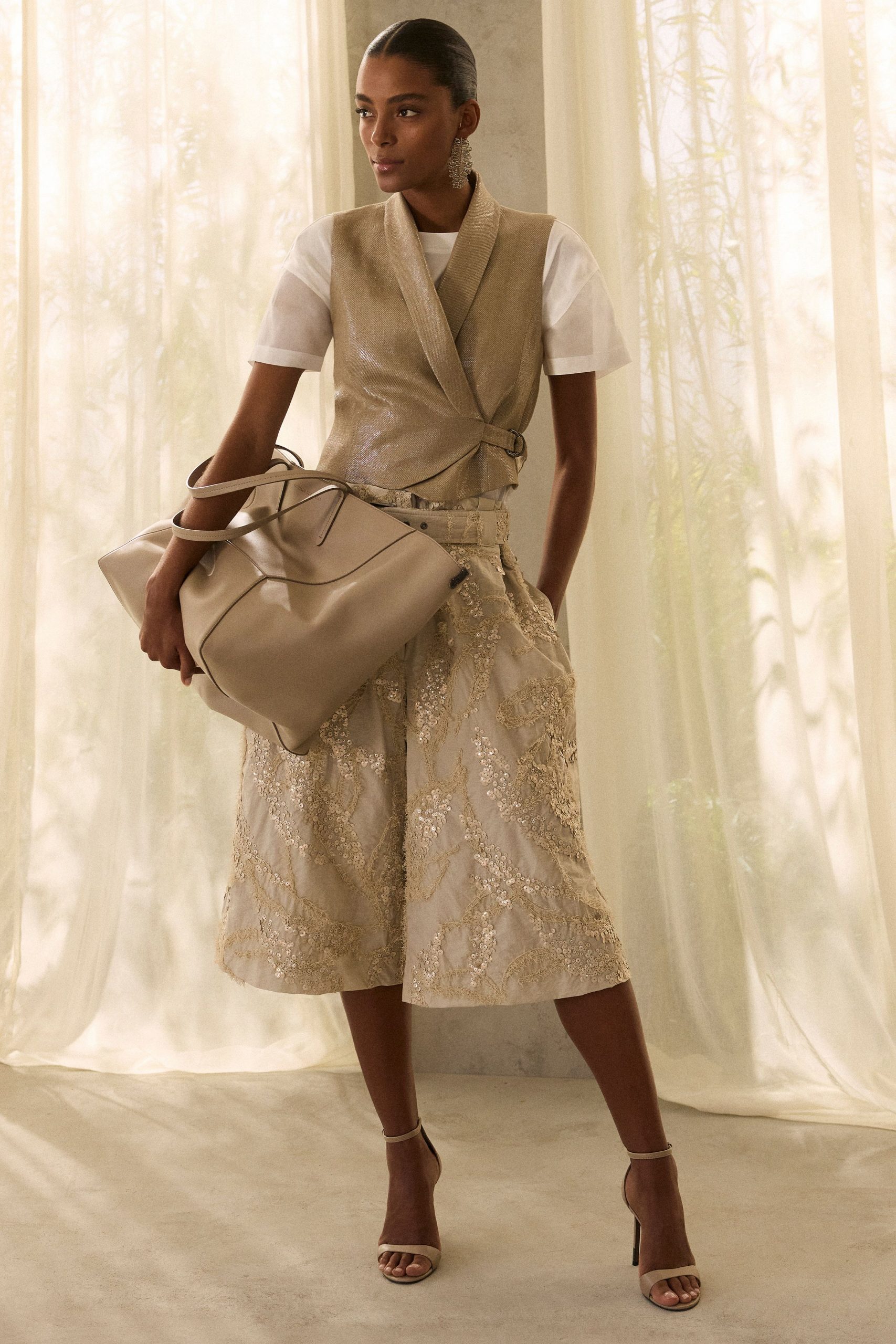 beige silk sleeveless v-neck structured belted vest