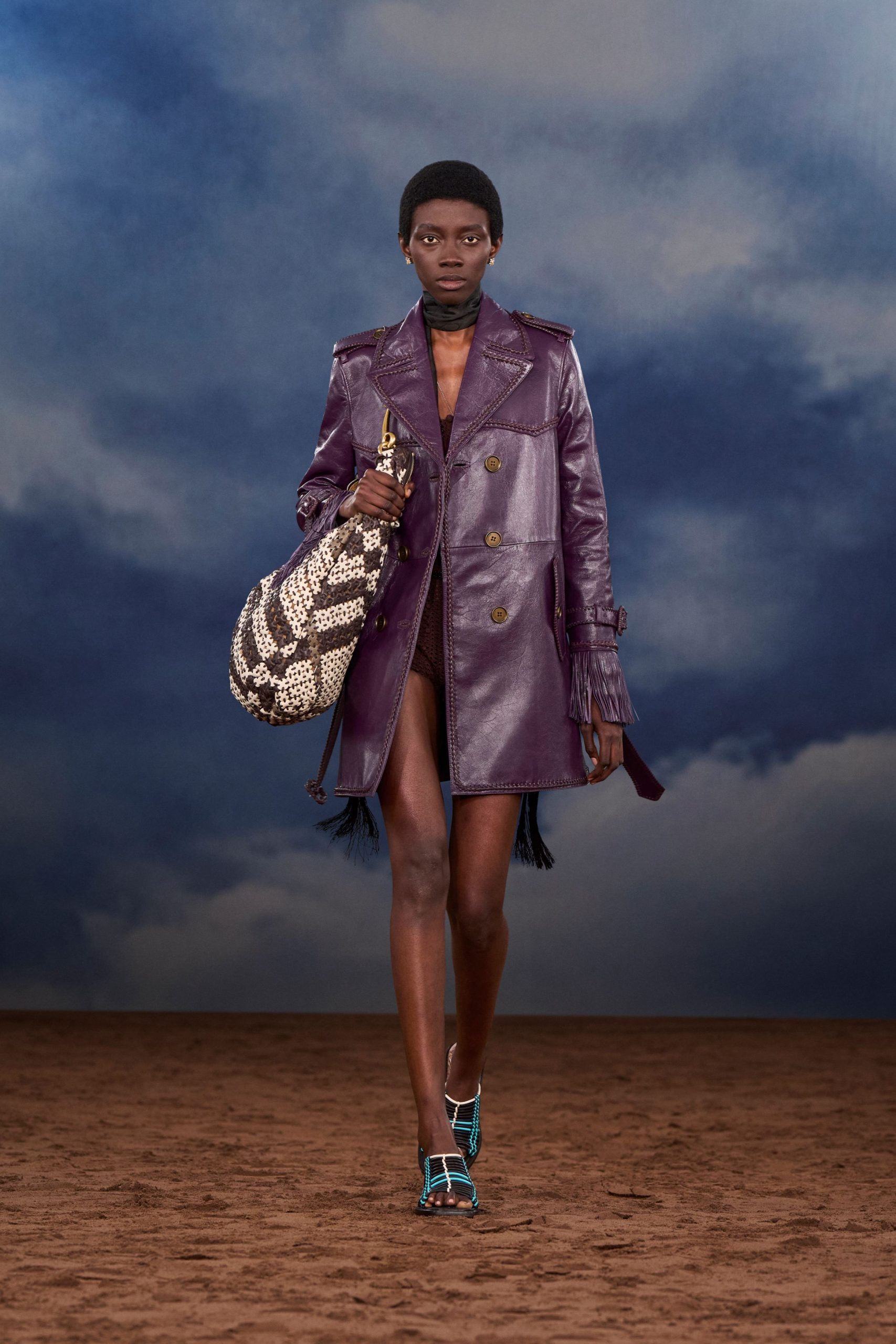 purple leather coat with bag