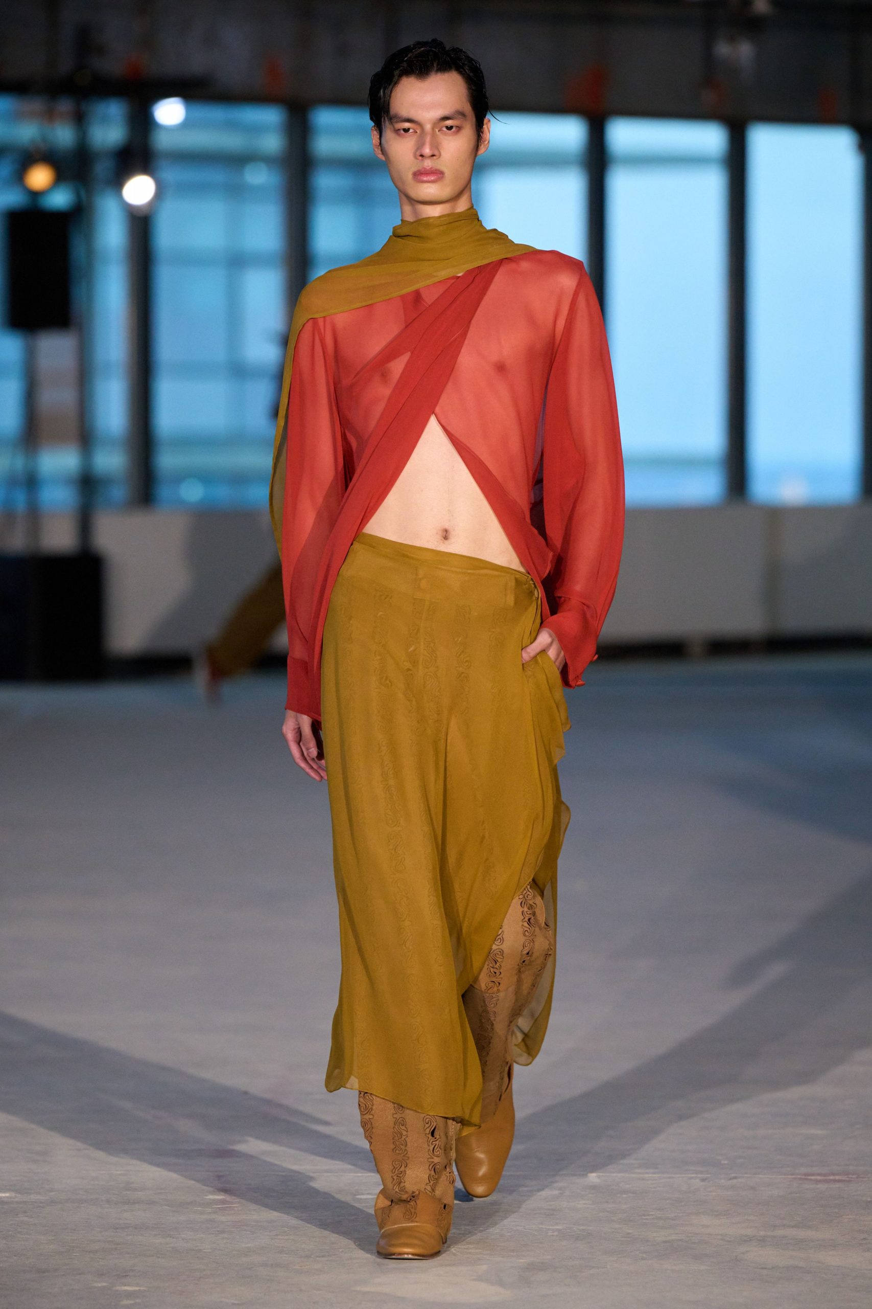 red silk top green midi skirt