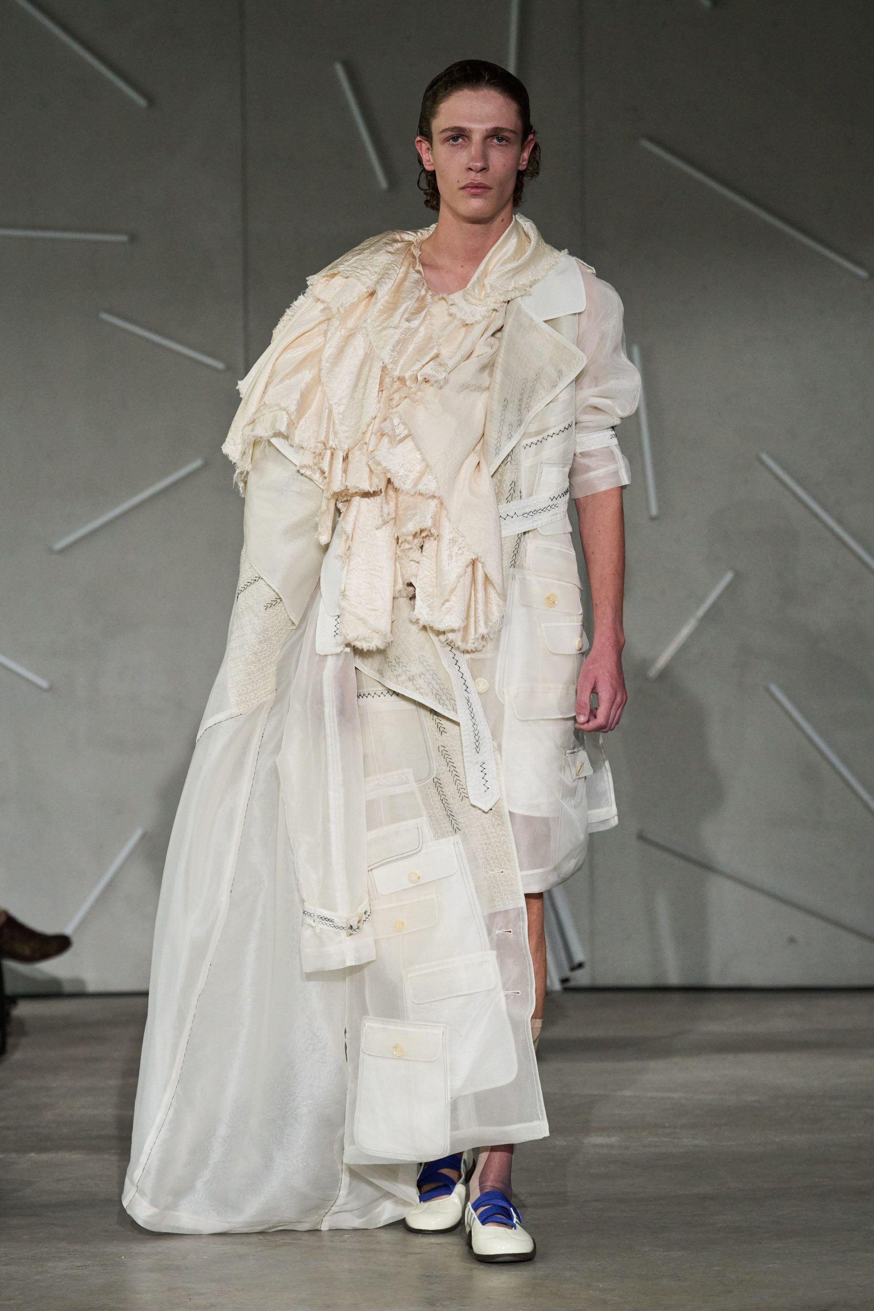 white silk long-sleeve collared relaxed layered pleated dress