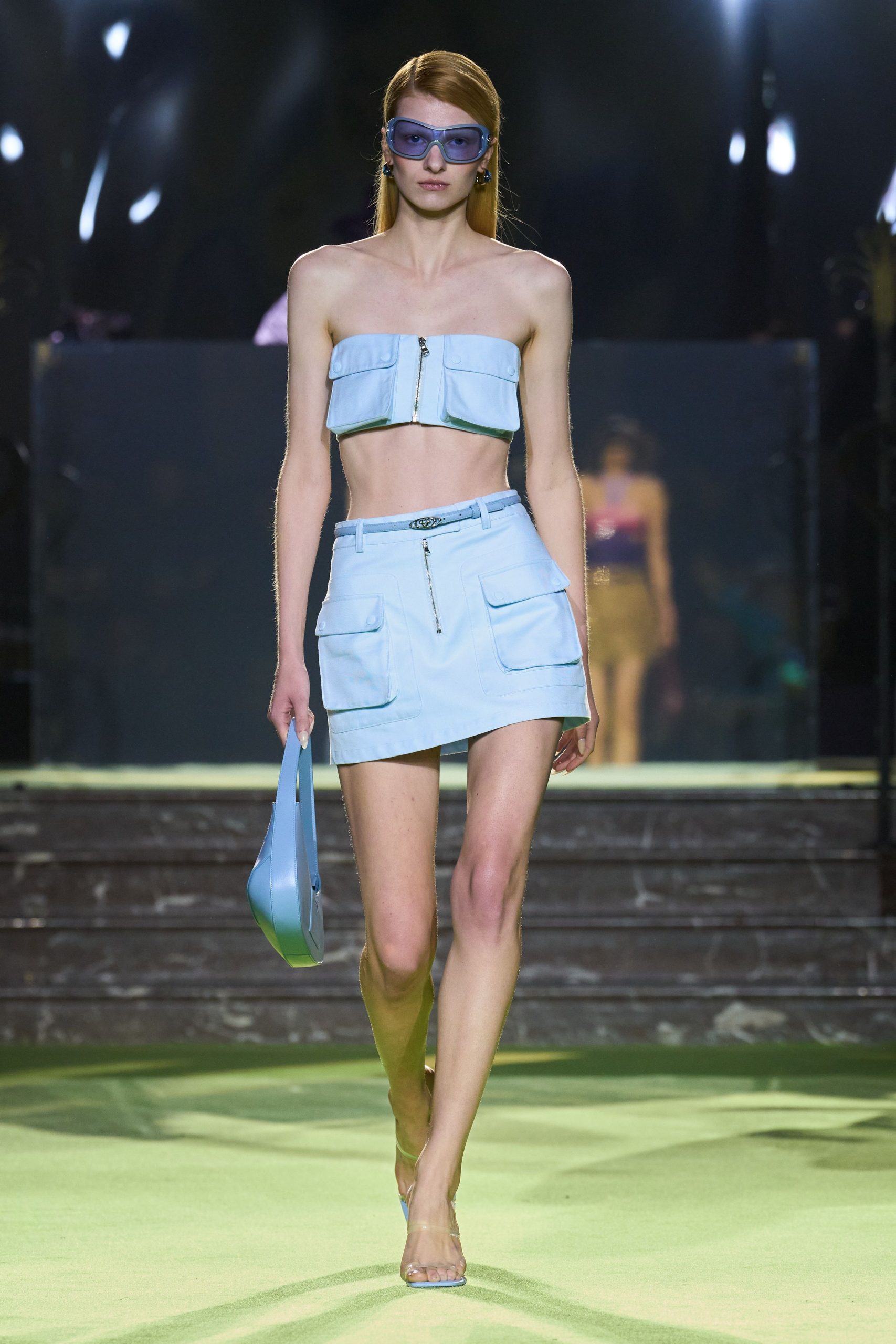 blue cotton sleeveless fitted zippered crop-top