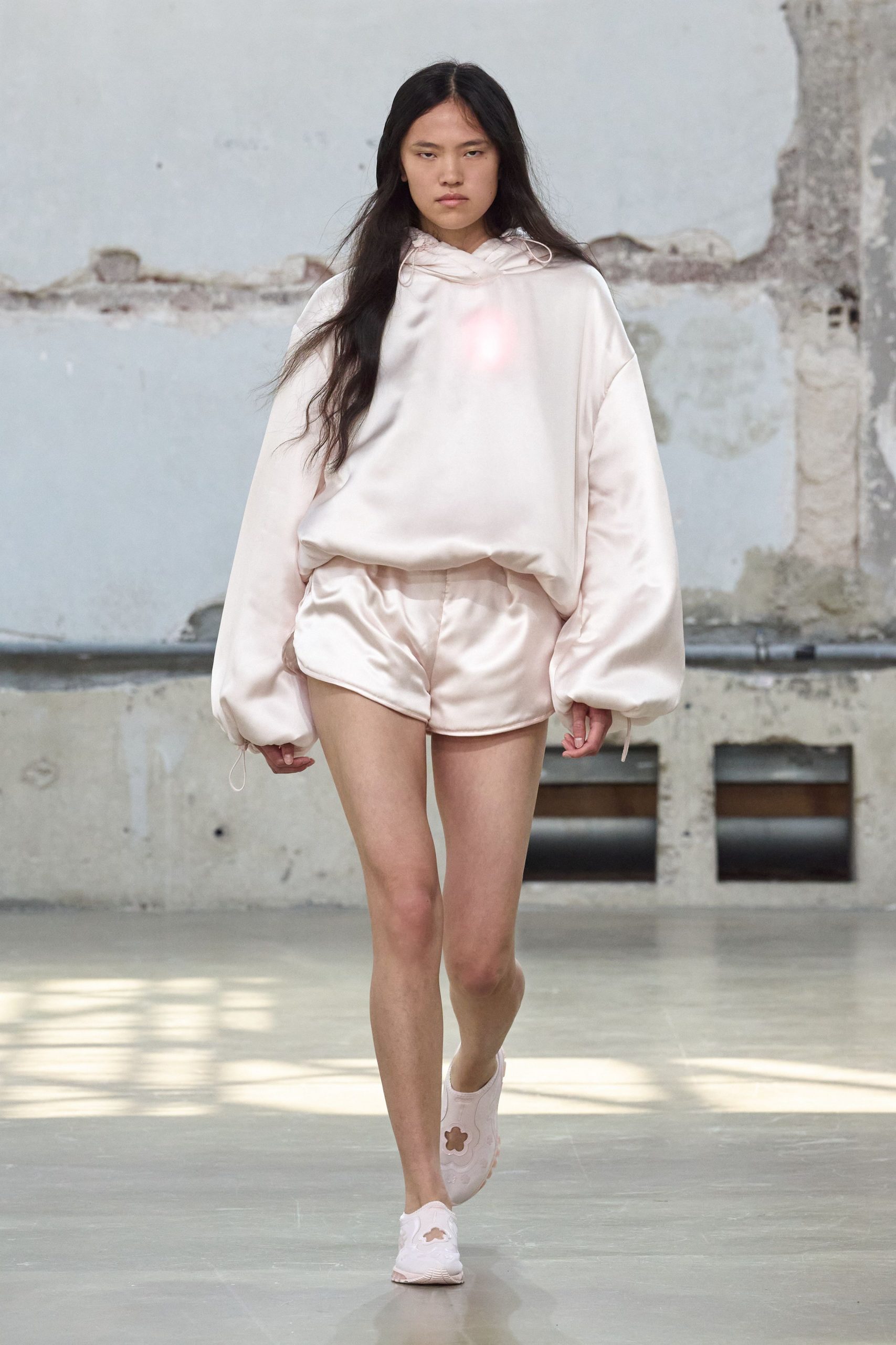 pink satin oversized hoodie and shorts