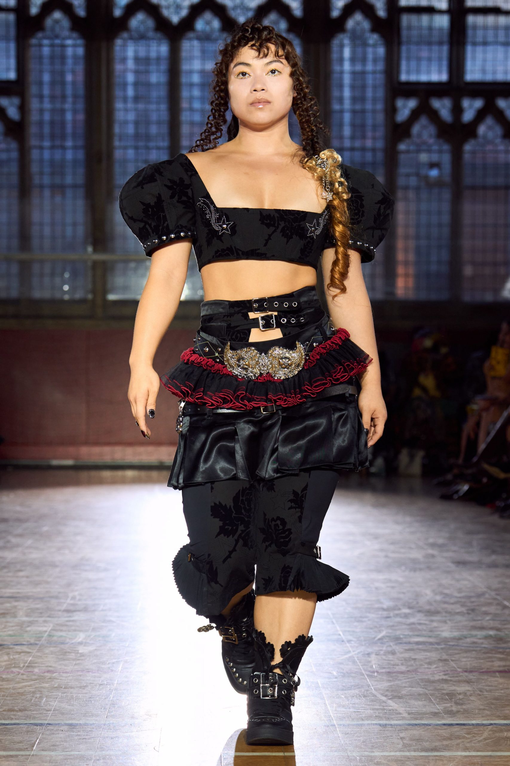 black embroidered top with layered skirt