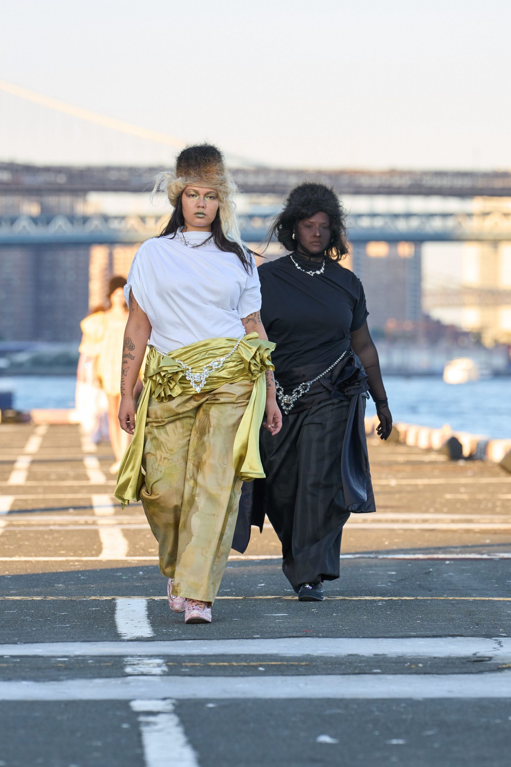 yellow fitted high-waisted pleated pants