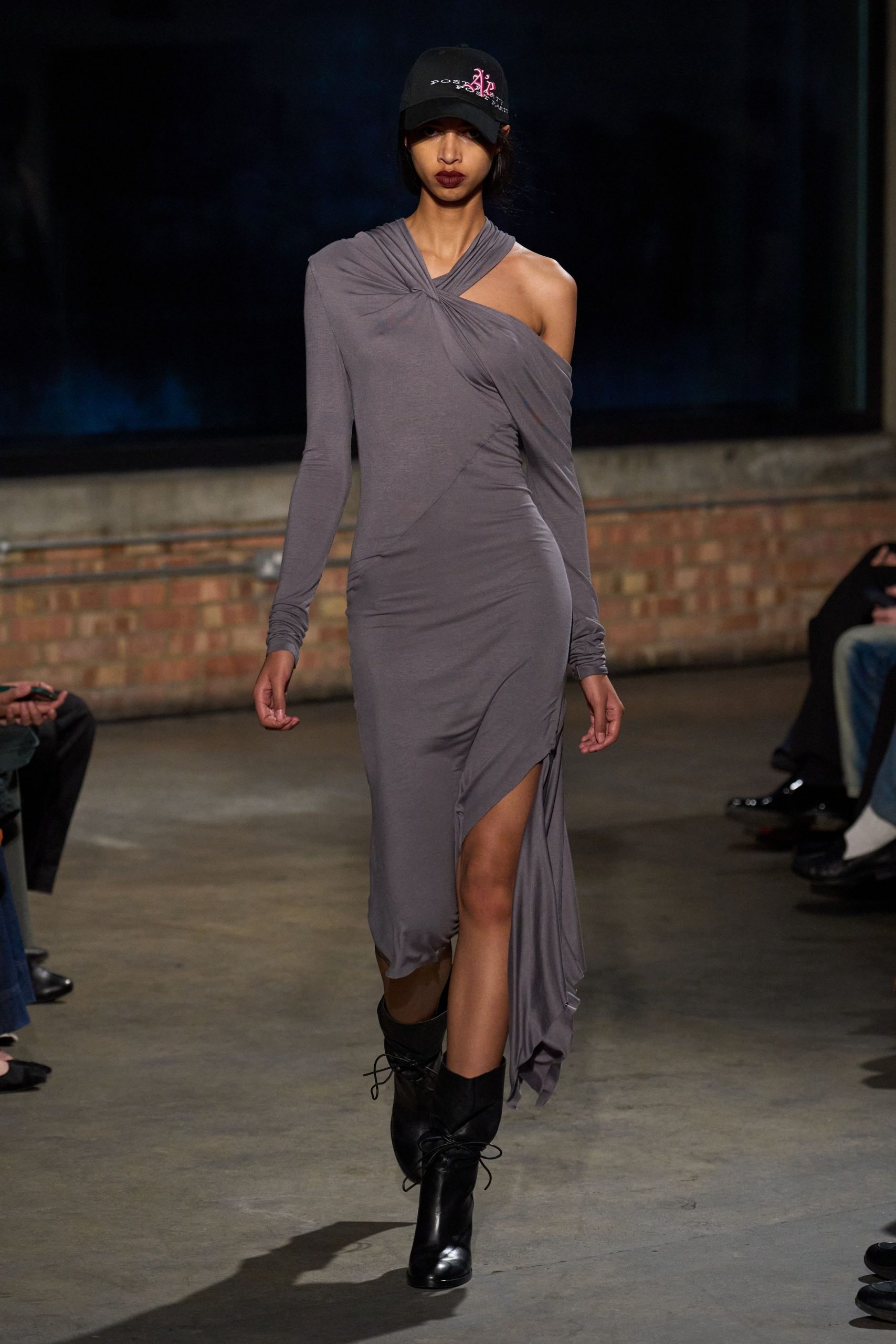 gray cotton long-sleeve off-shoulder fitted draped midi dress