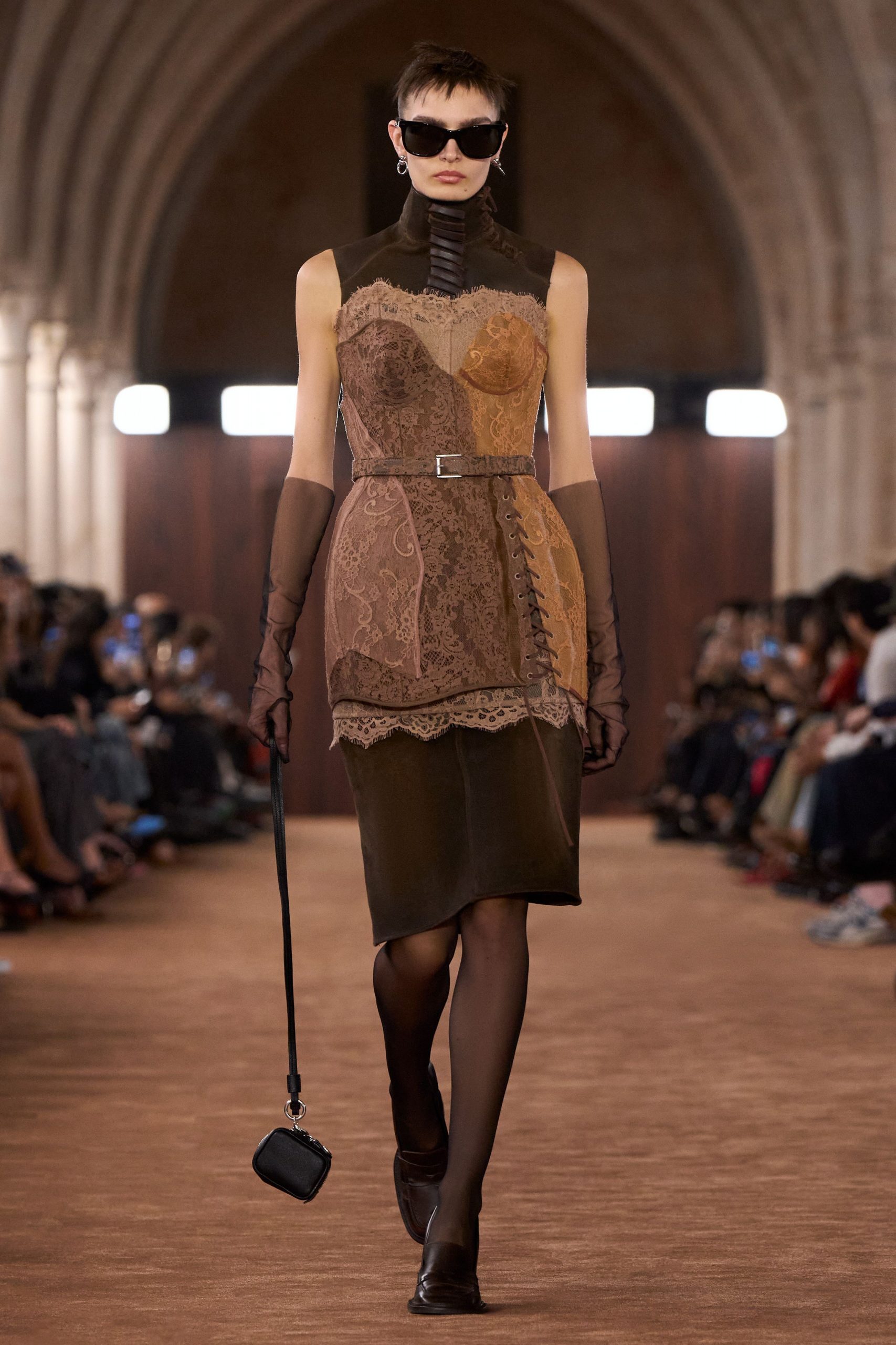 brown silk sleeveless high-neck fitted pleated embroidered dress