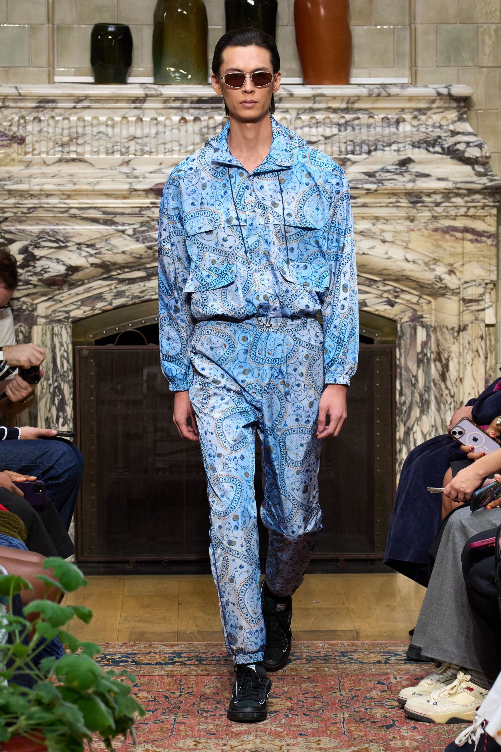 blue printed jacket and pants