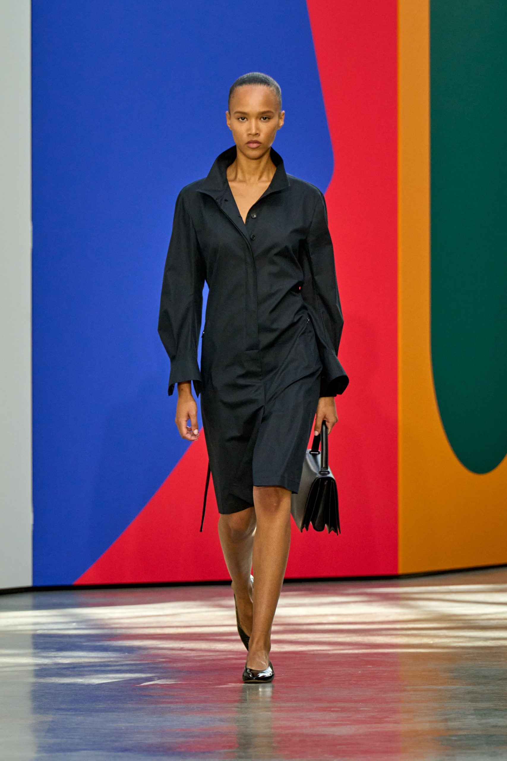 black shirt-dress with bag and shoes