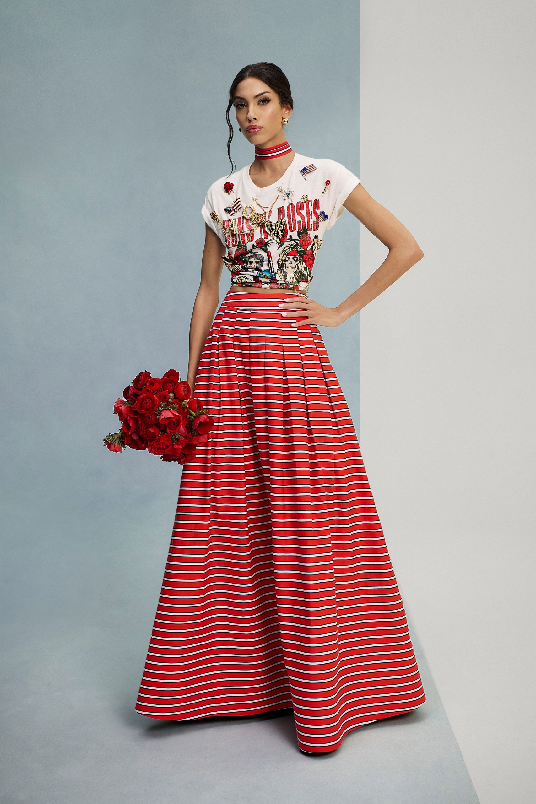 striped maxi skirt with graphic top