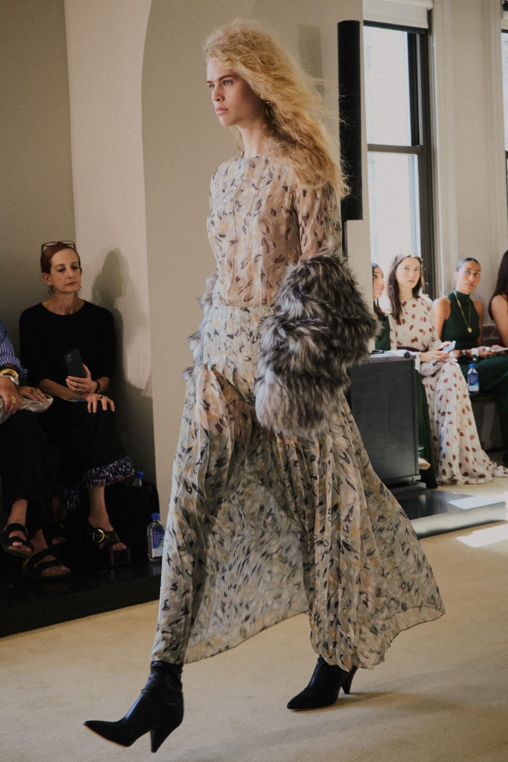 beige silk long-sleeve v-neck fitted floral layered dress