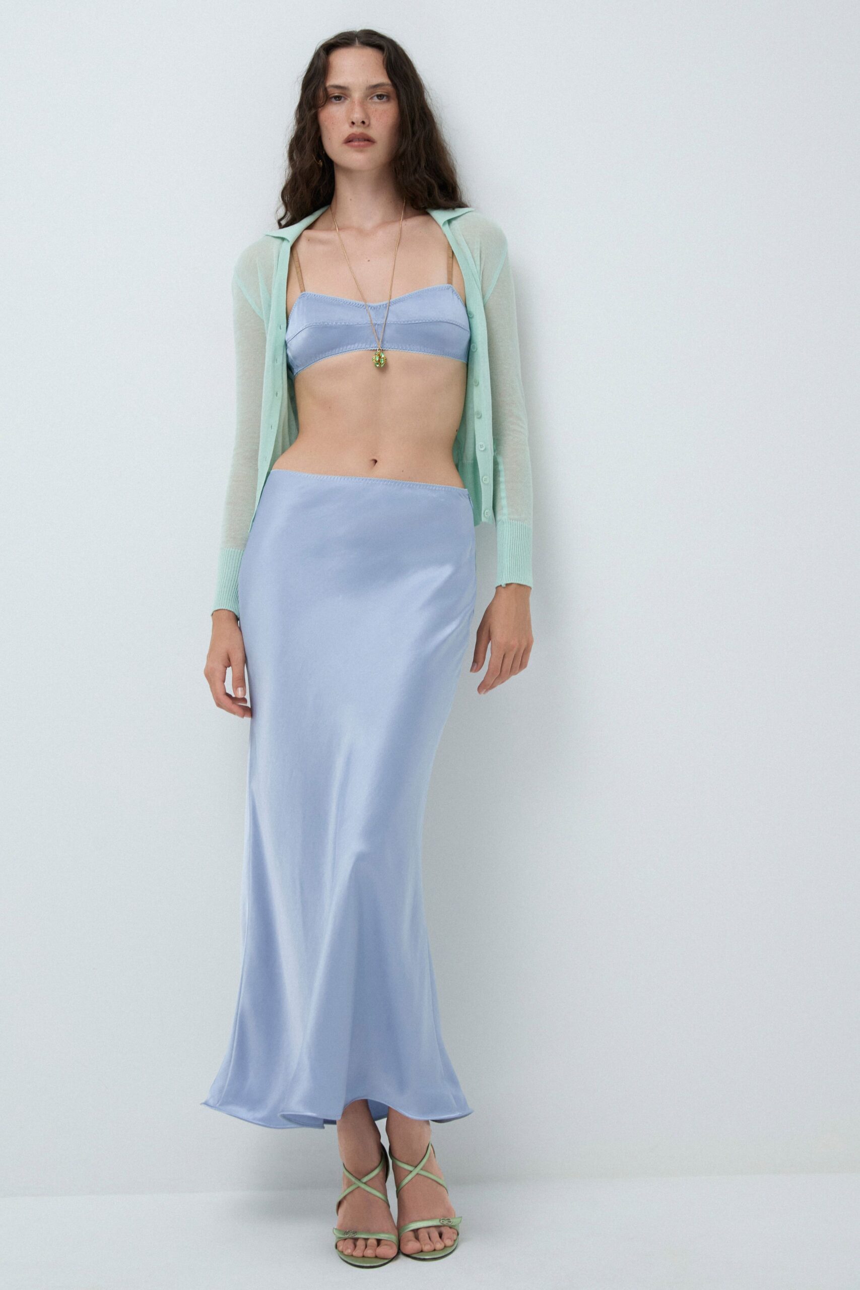 blue silk fitted high-waisted flared maxi skirt