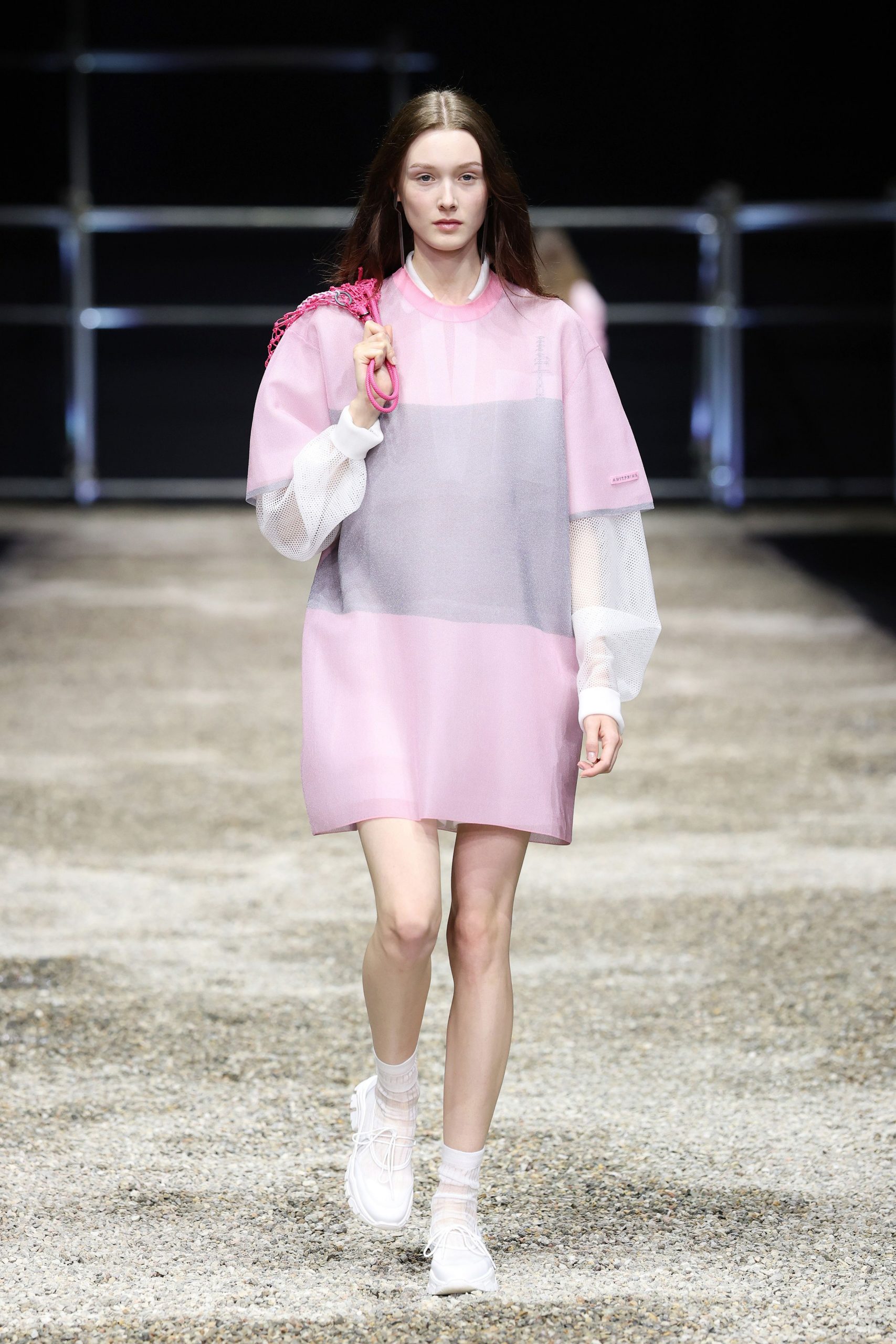 pink mesh long-sleeve collared relaxed color-blocked sheer dress