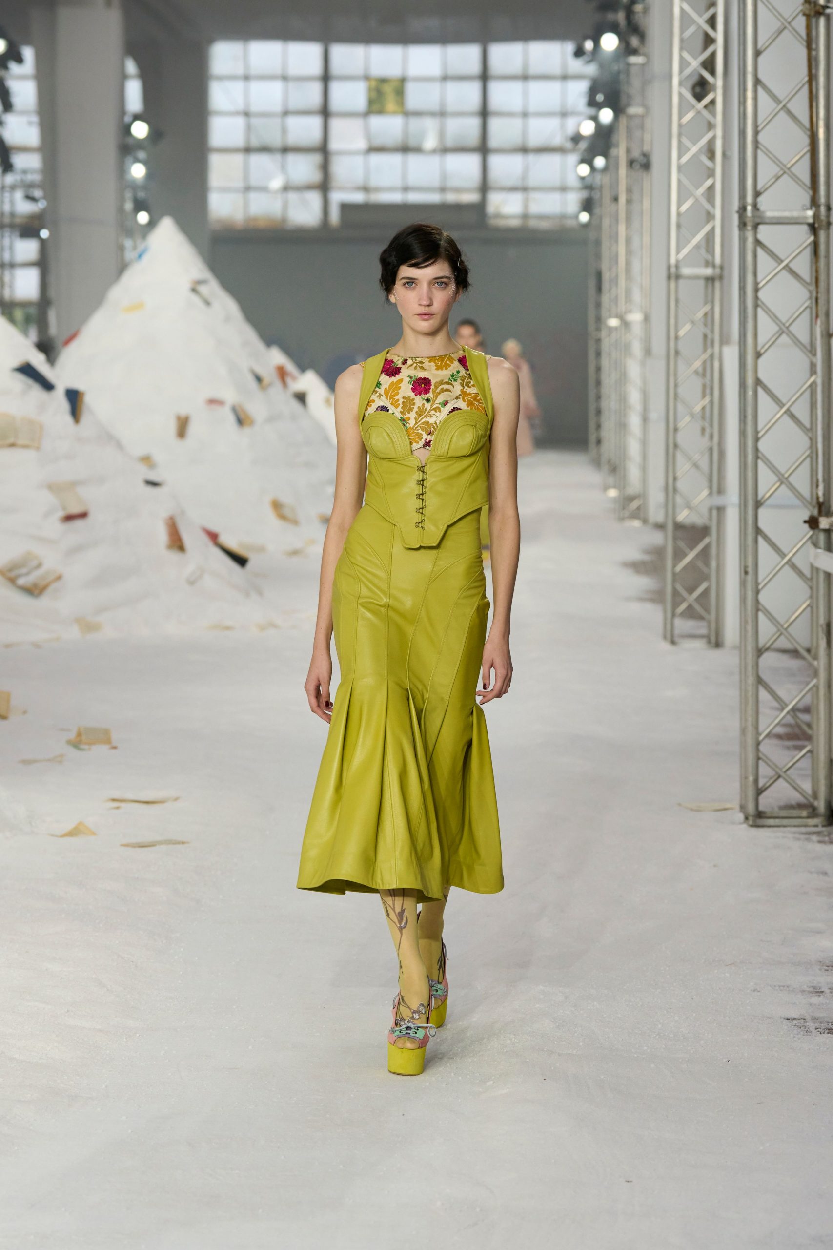 yellow silk sleeveless v-neck fitted embroidered flared dress