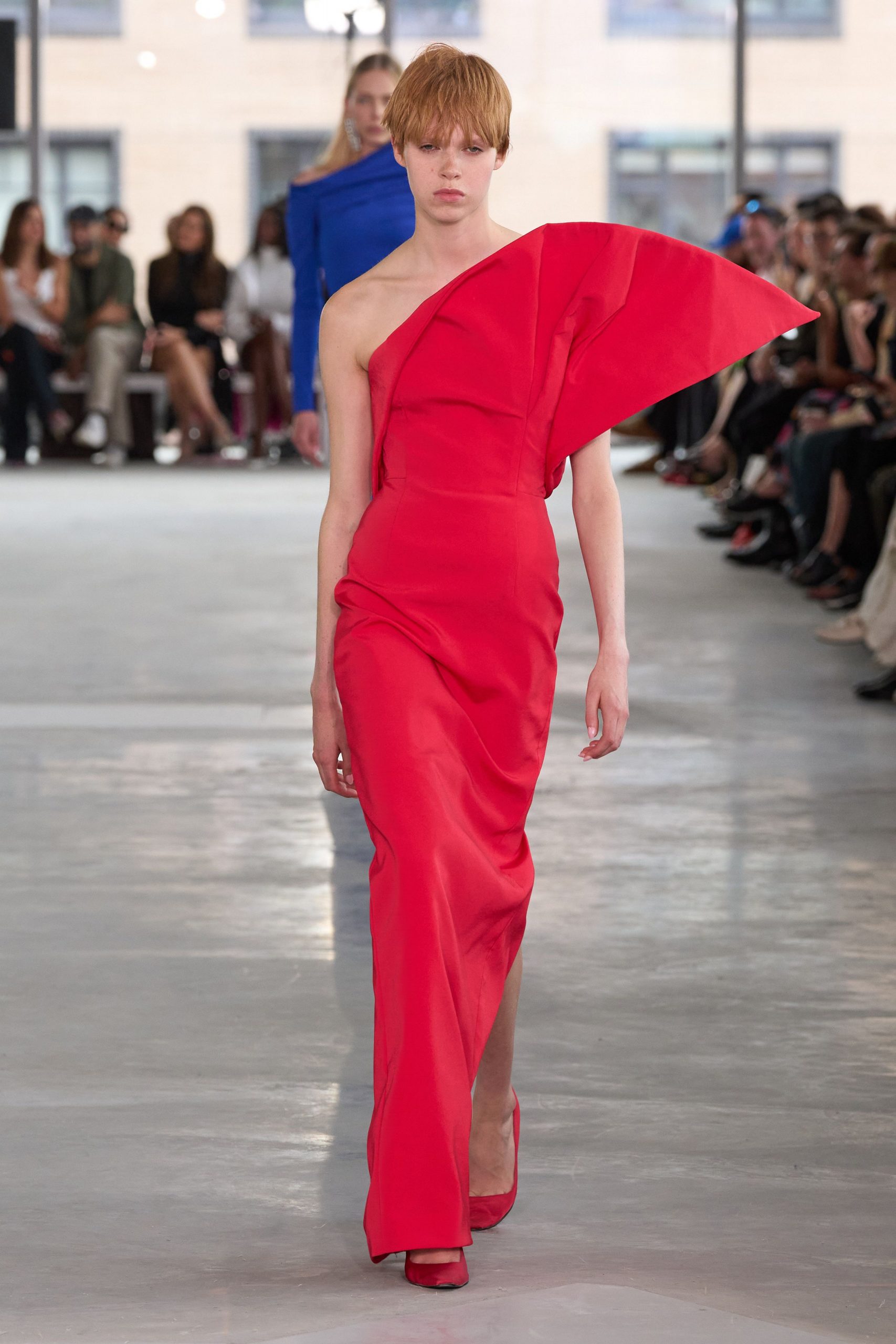 red silk asymmetric gown