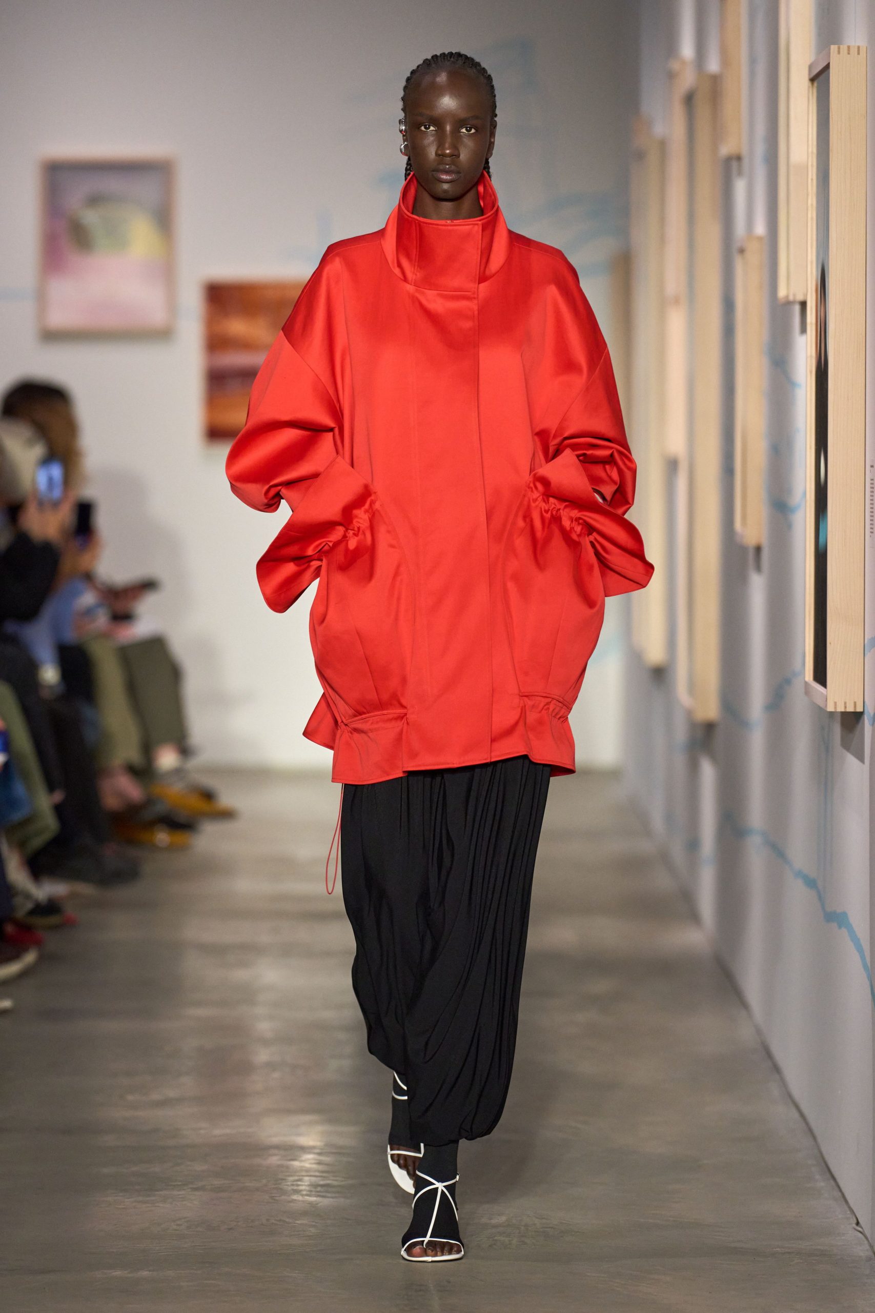 red cotton long-sleeve collared oversized zippered jacket