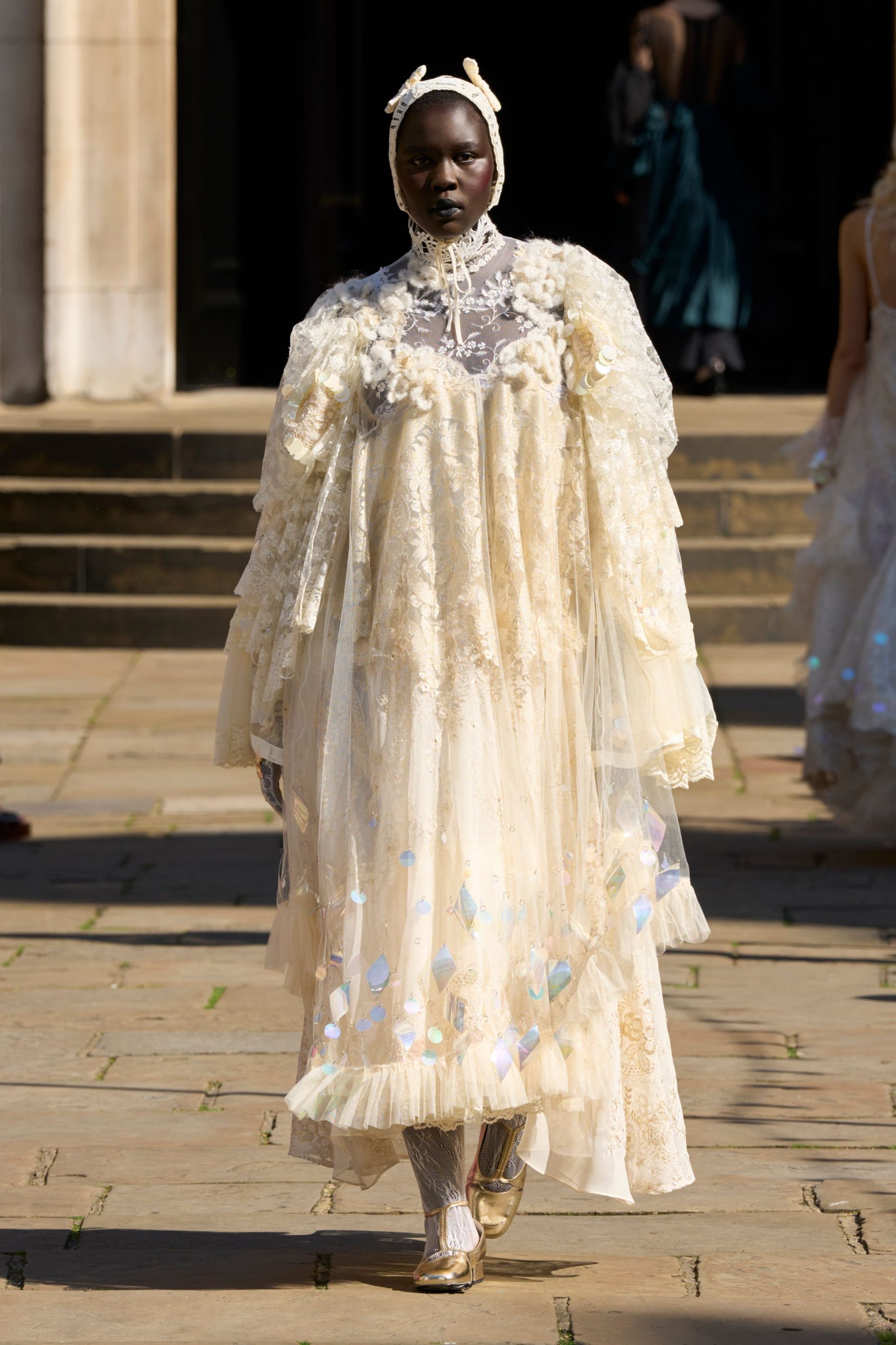 ivory lace long-sleeve high-neck fitted embroidered layered gown