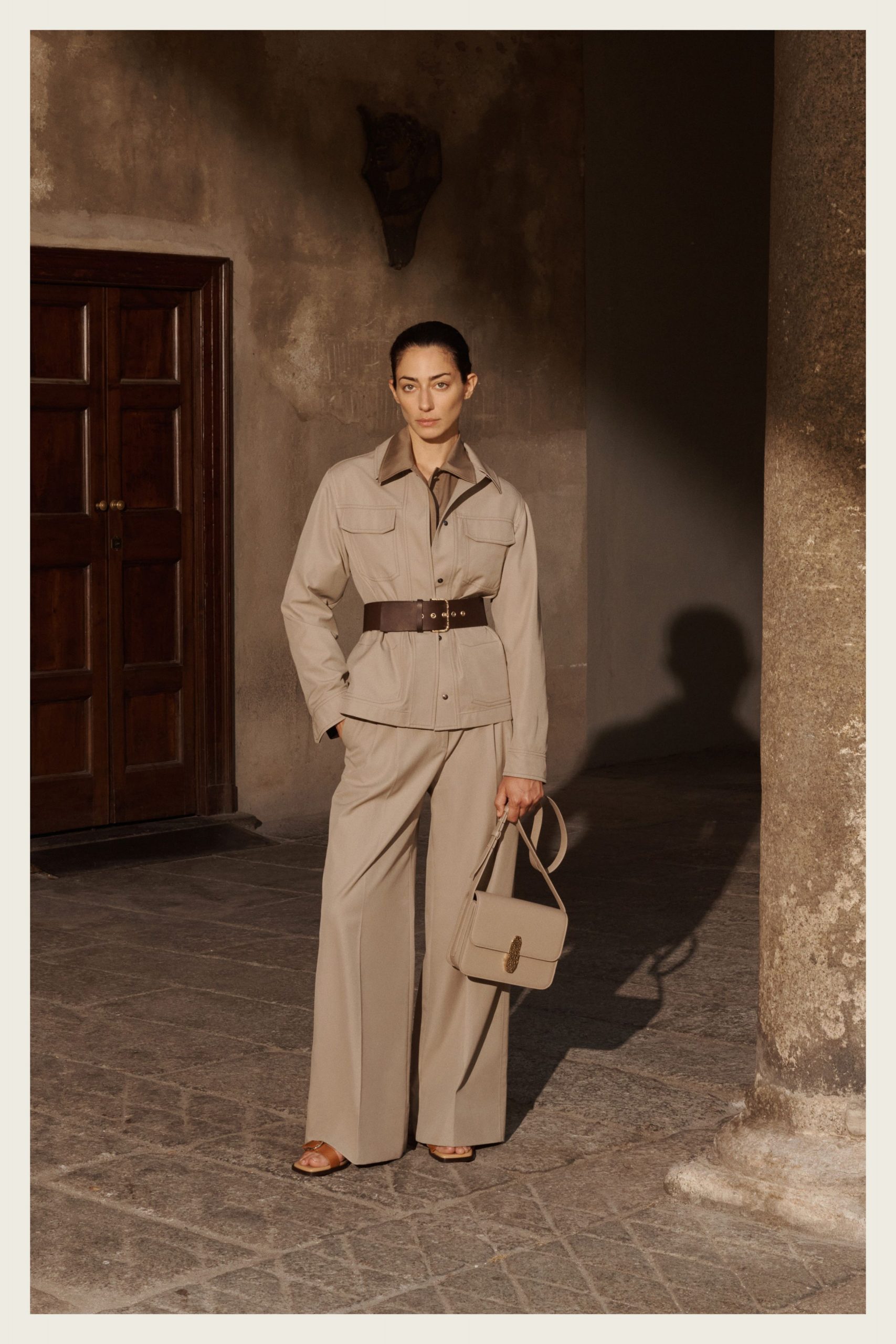 beige cotton long-sleeve collared structured buttoned jacket