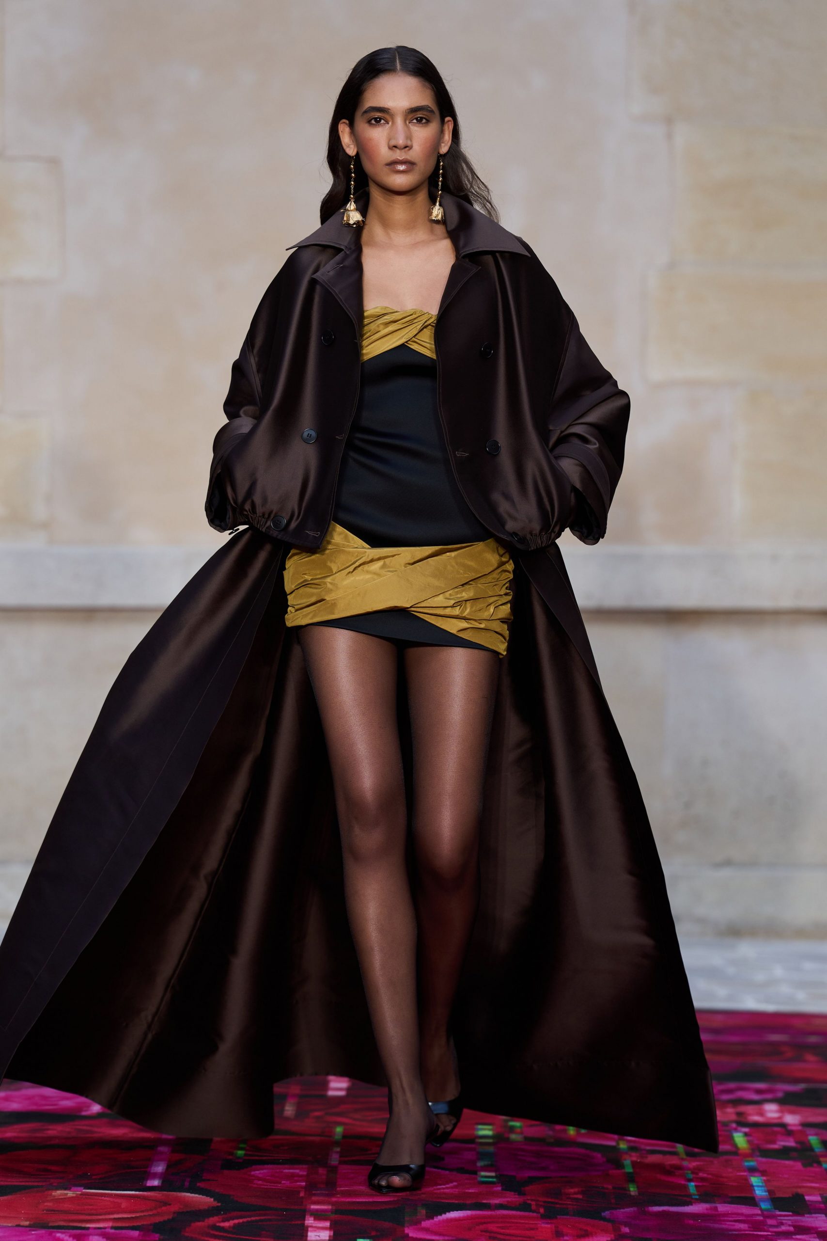 brown silk long-sleeve collared relaxed draped maxi coat
