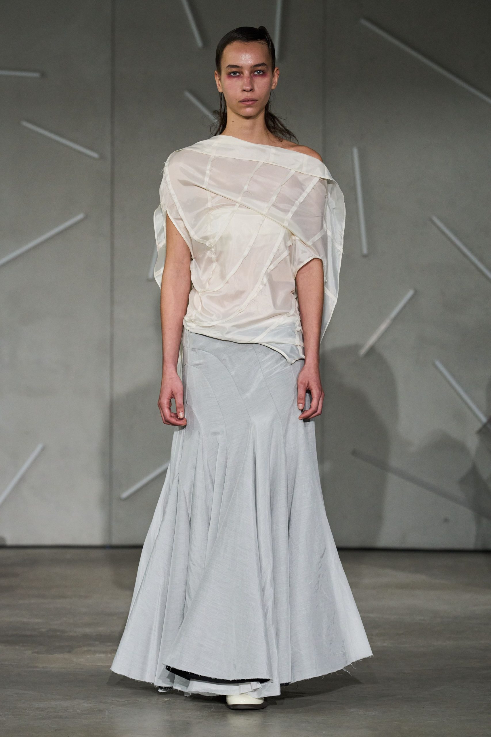 white chiffon top gray flared skirt