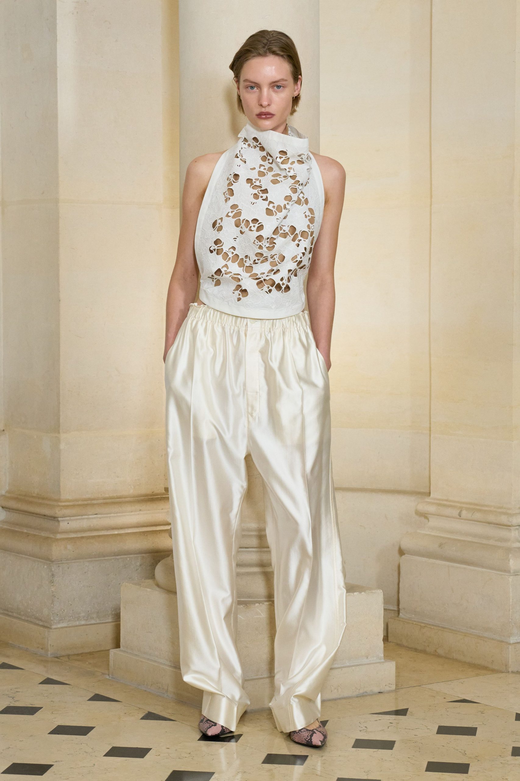beige satin relaxed pleated pants