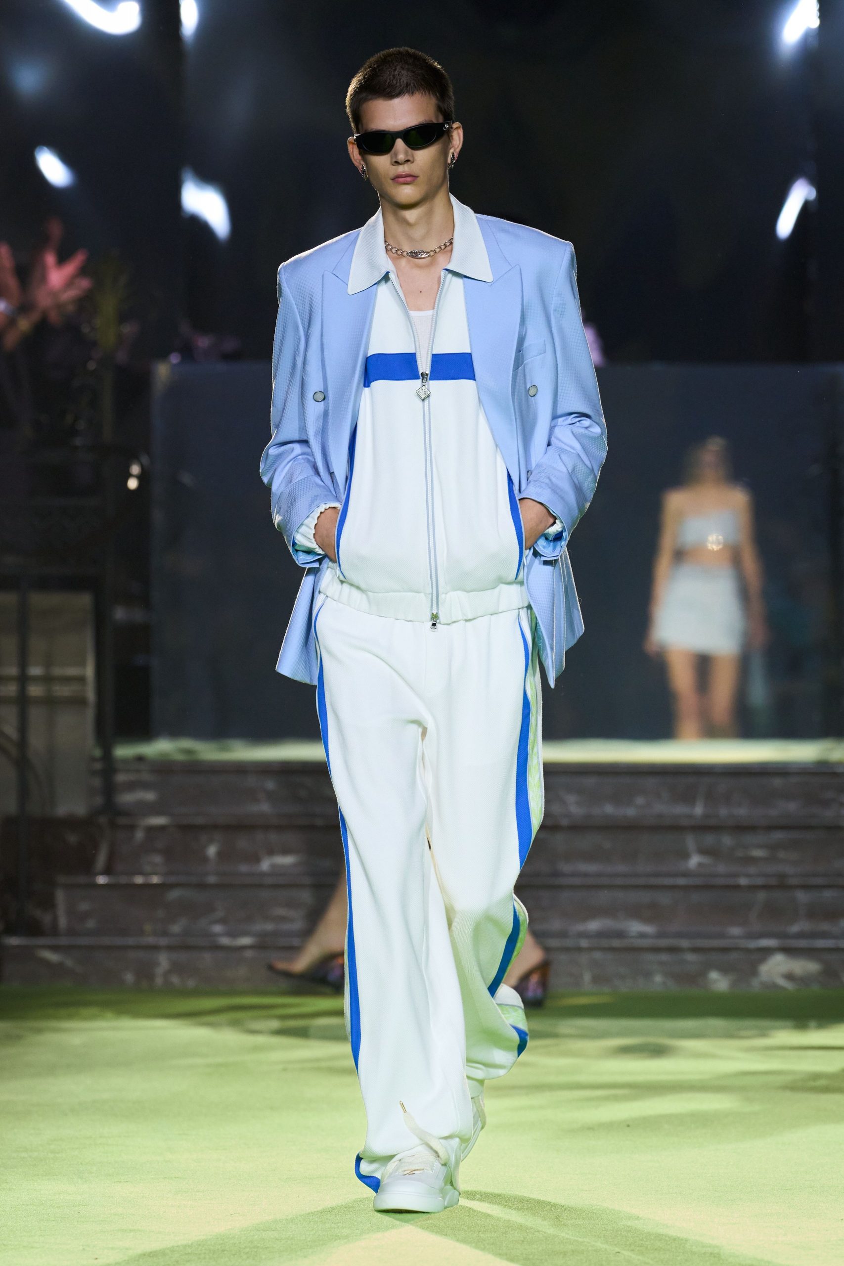 light blue tailored blazer with relaxed pants