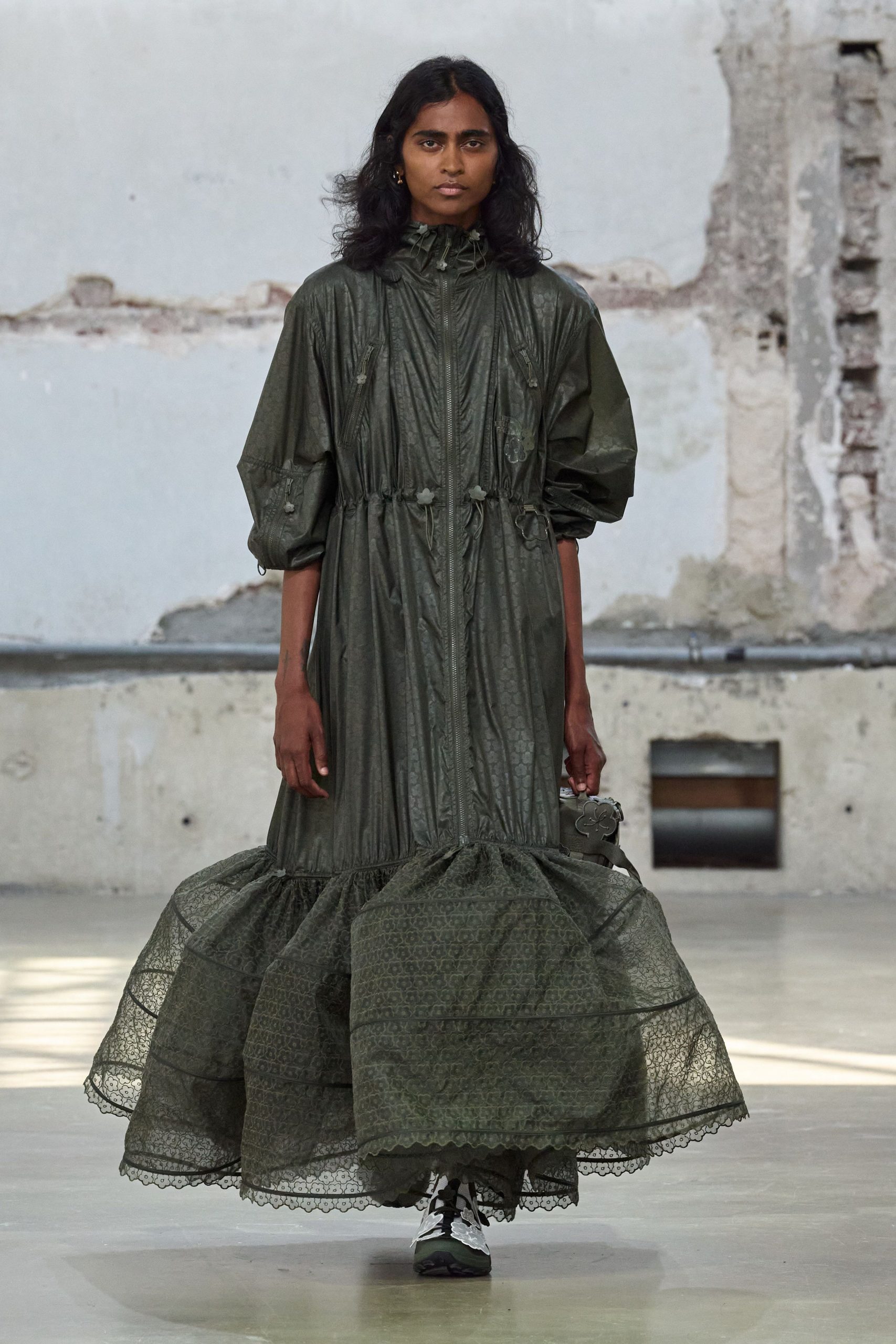 green silk long-sleeve high-neck relaxed pleated layered dress