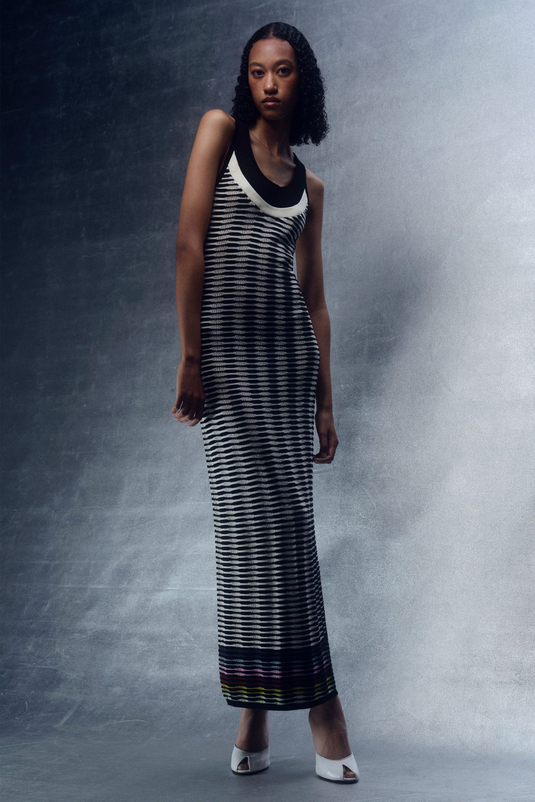 striped maxi dress with open-toe shoes