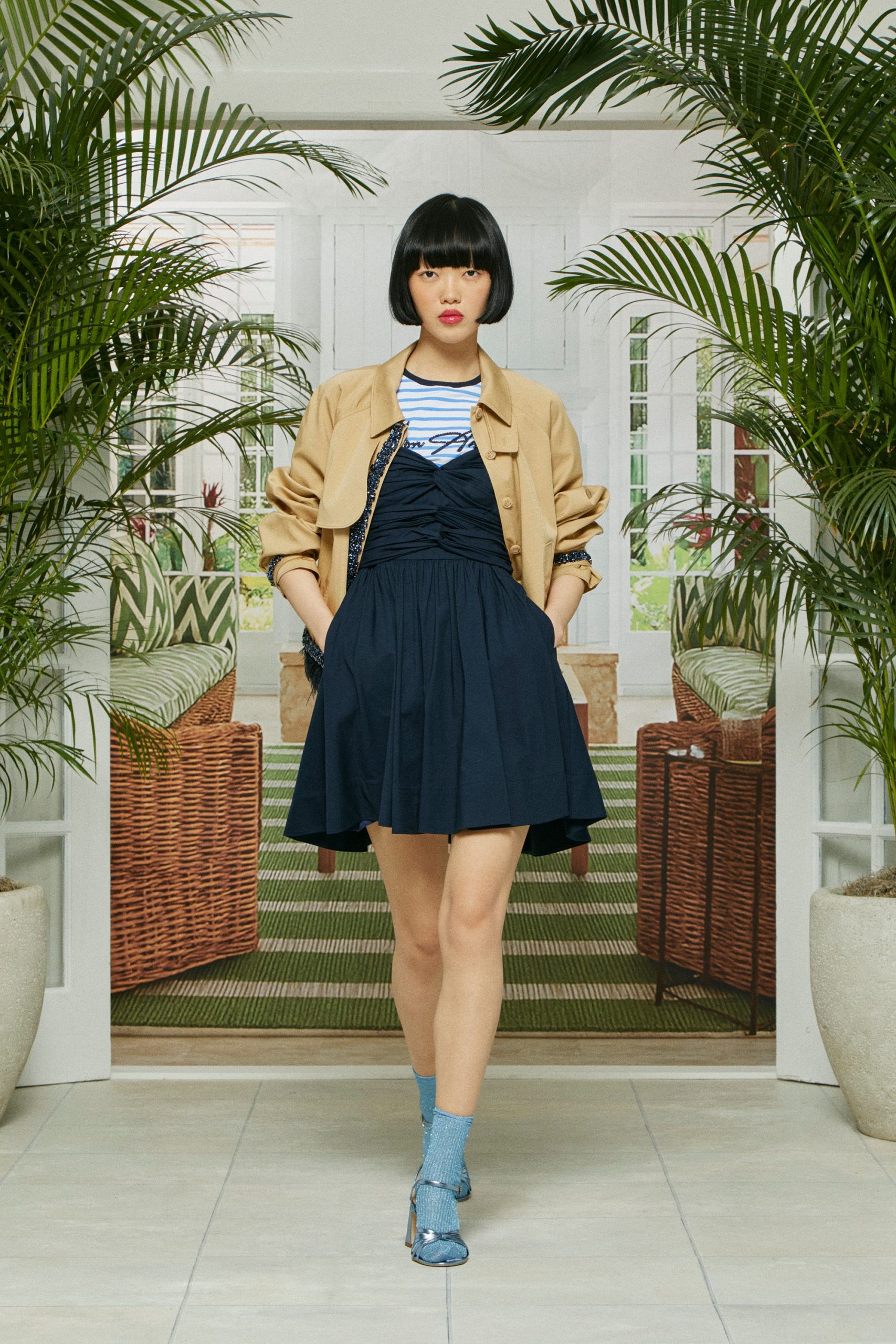 blue cotton sleeveless v-neck fitted pleated mini dress