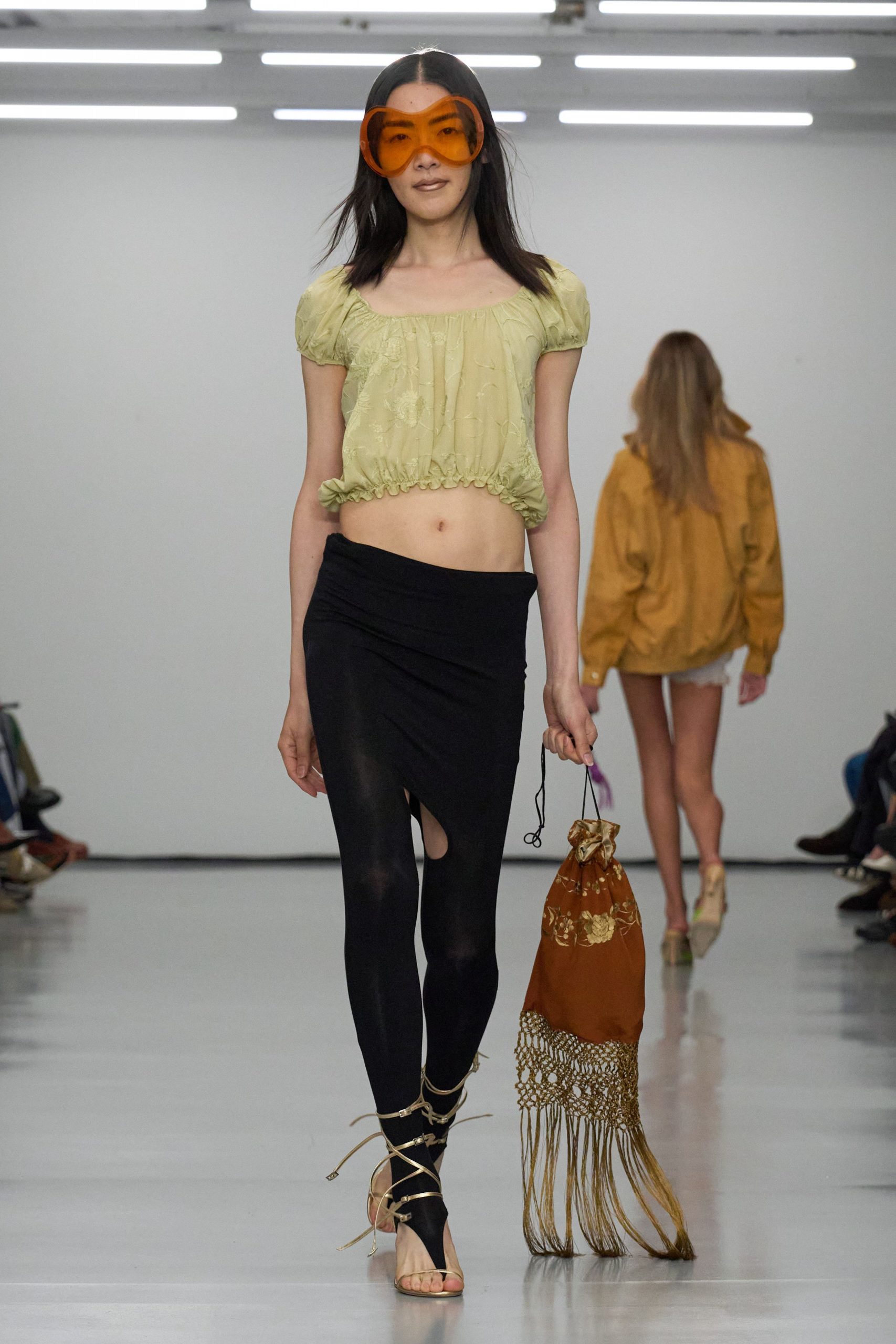 green silk short-sleeve scoop-neck fitted ruffled cropped top