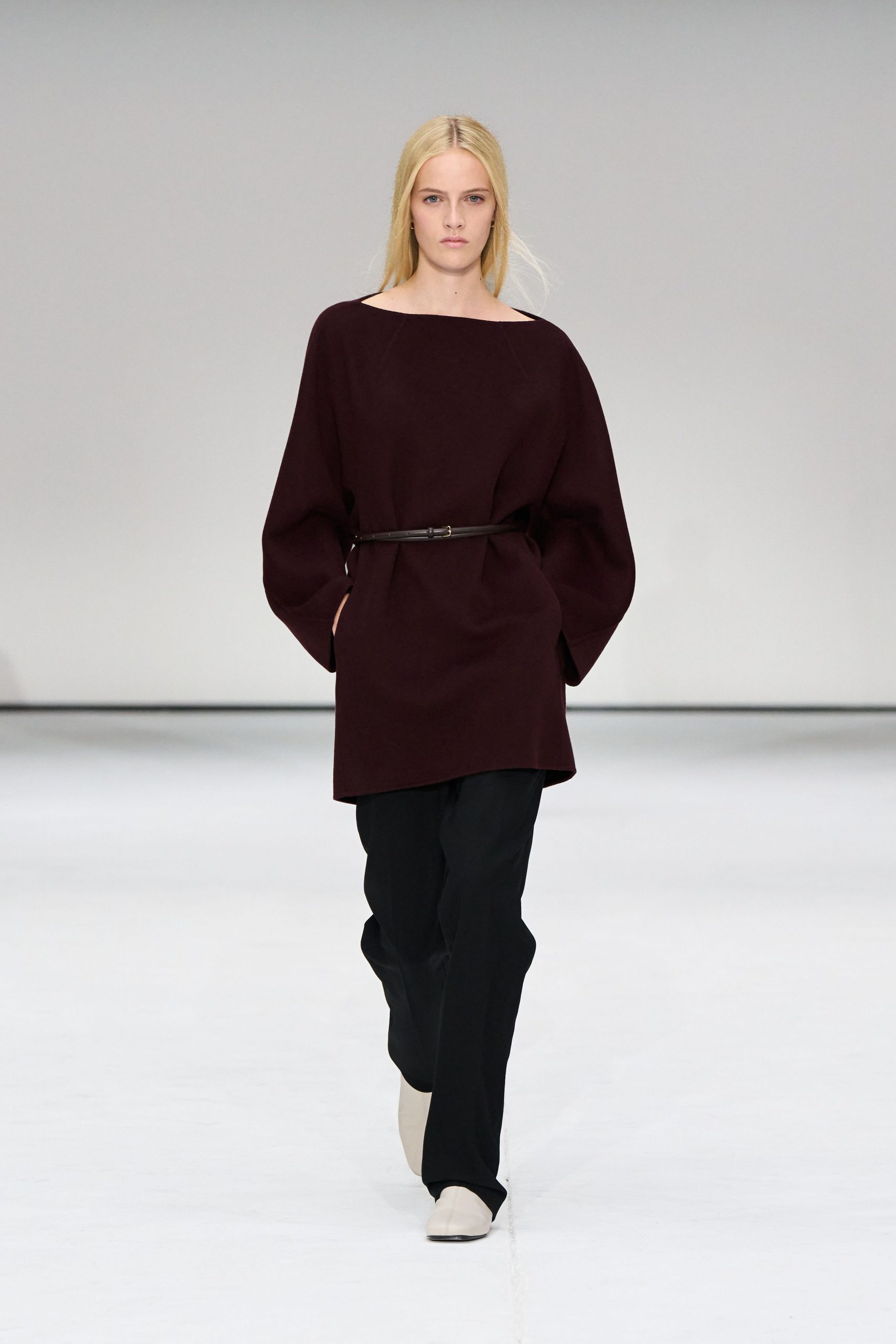 maroon wool long-sleeve off-shoulder relaxed belted top
