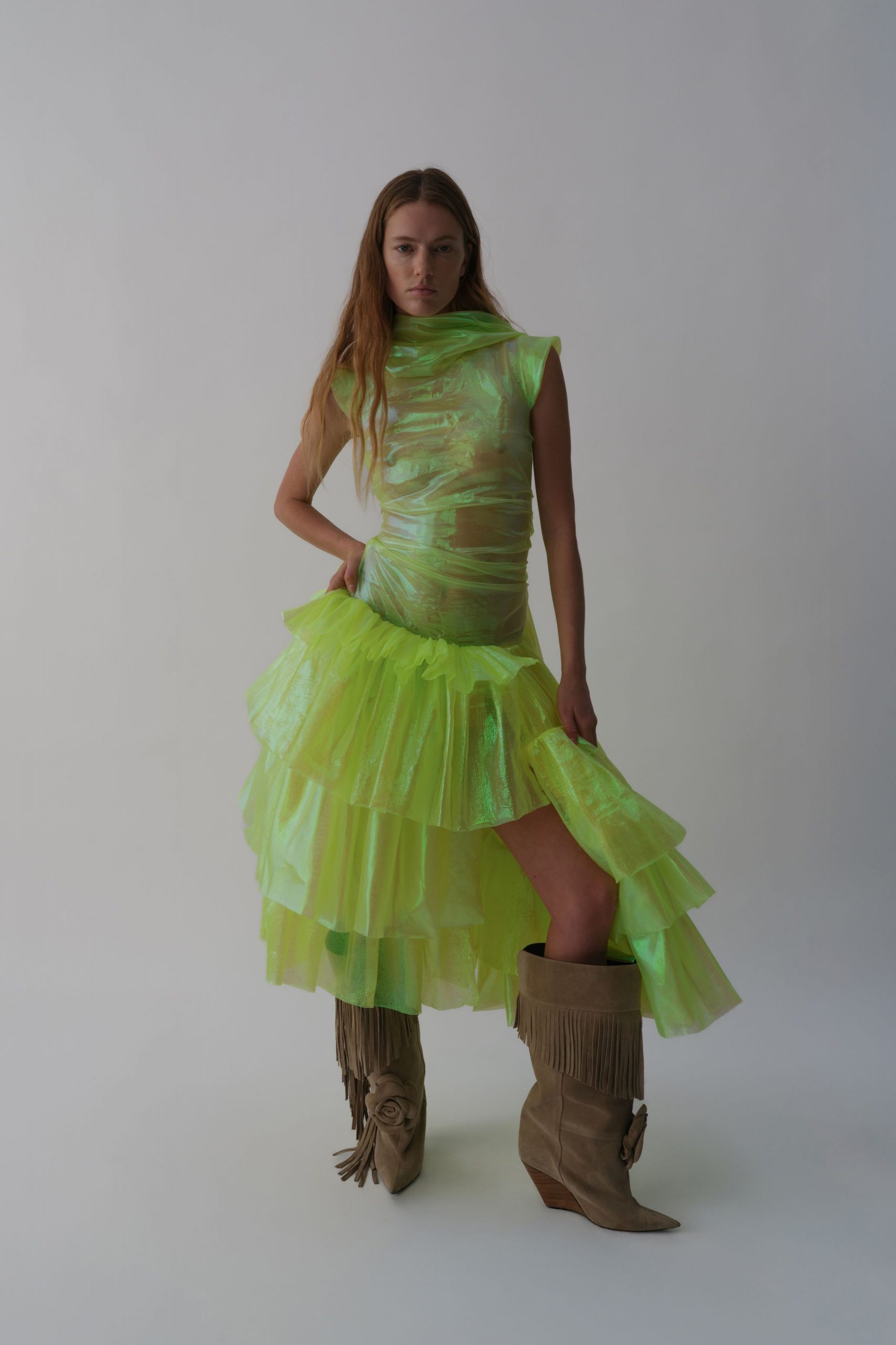 green mesh sleeveless high-neck fitted tiered ruffled dress