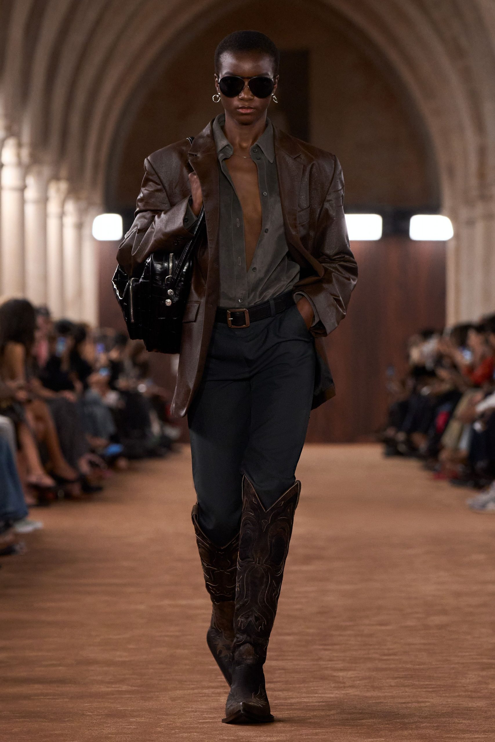 brown leather blazer gray shirt