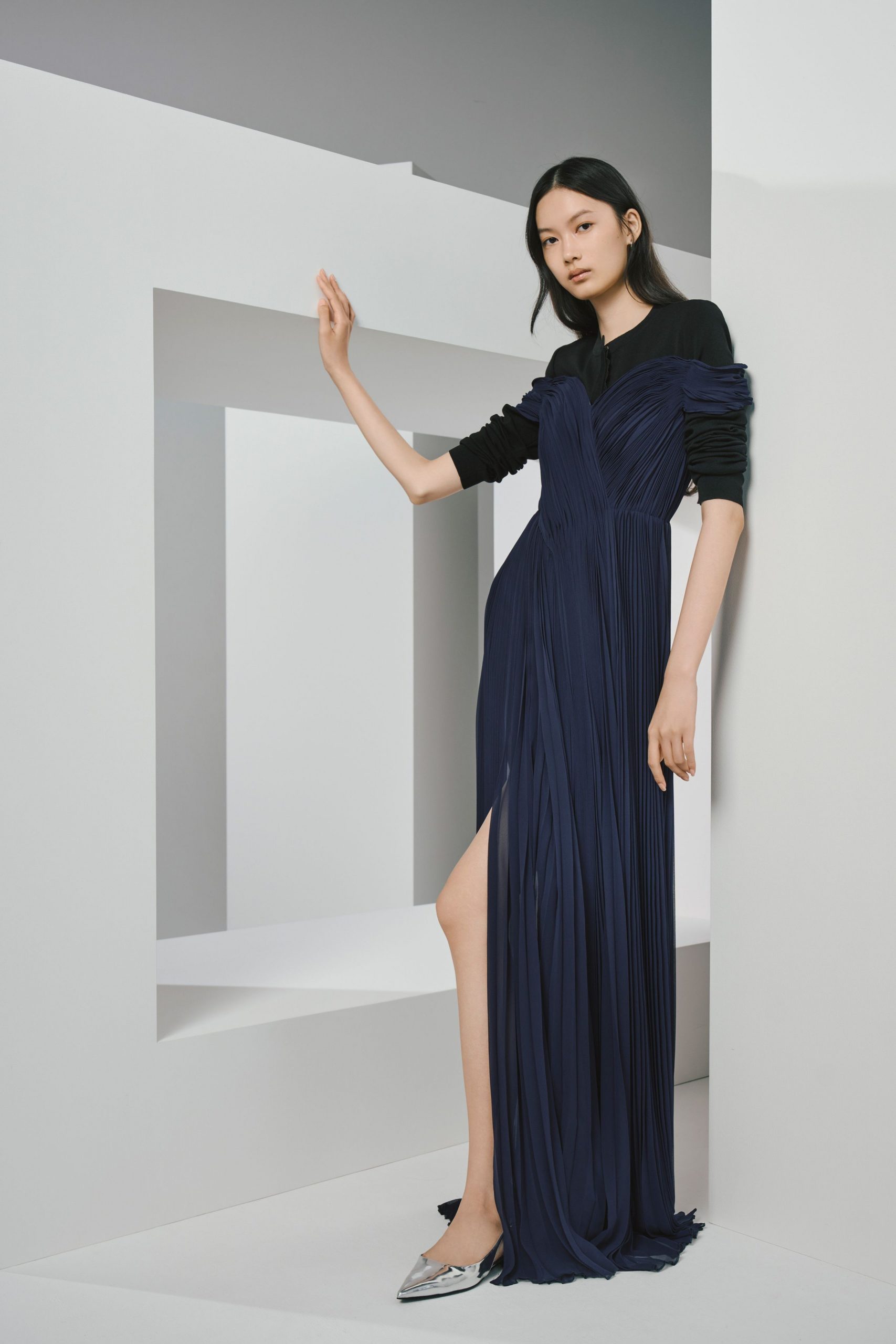 blue silk long-sleeve v-neck fitted pleated maxi gown