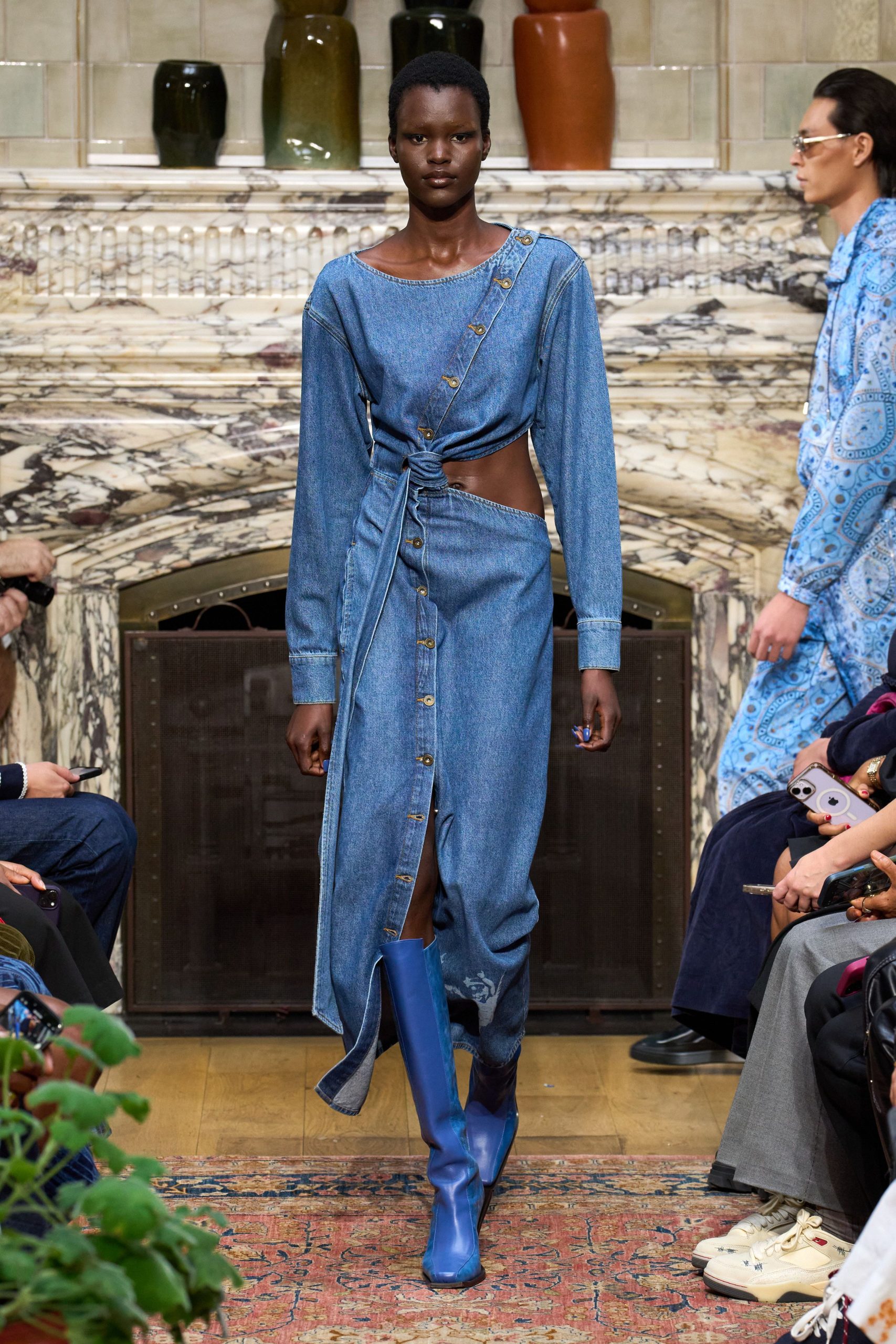 blue denim long-sleeve v-neck fitted buttoned draped dress
