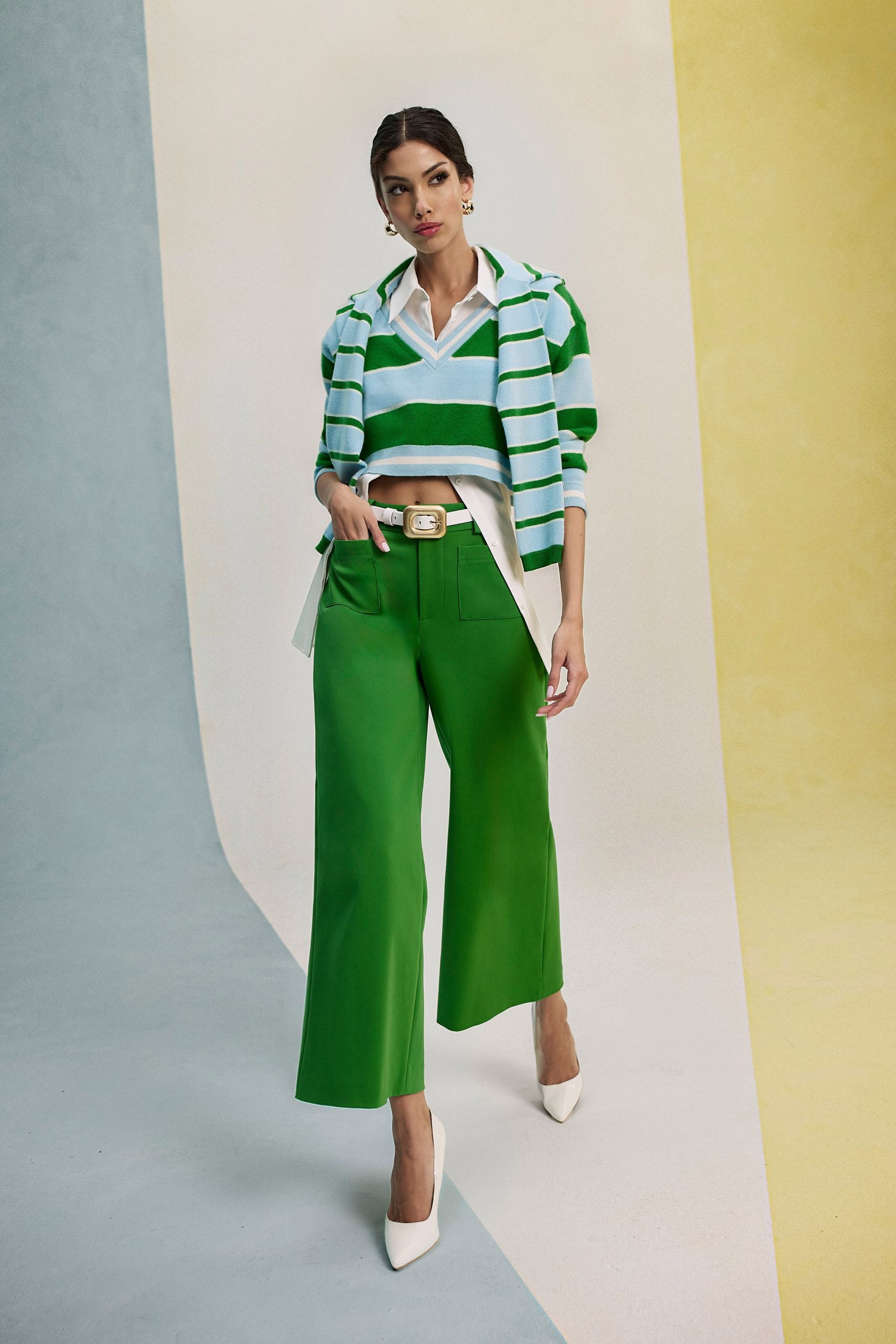 green wide-leg pants with striped top