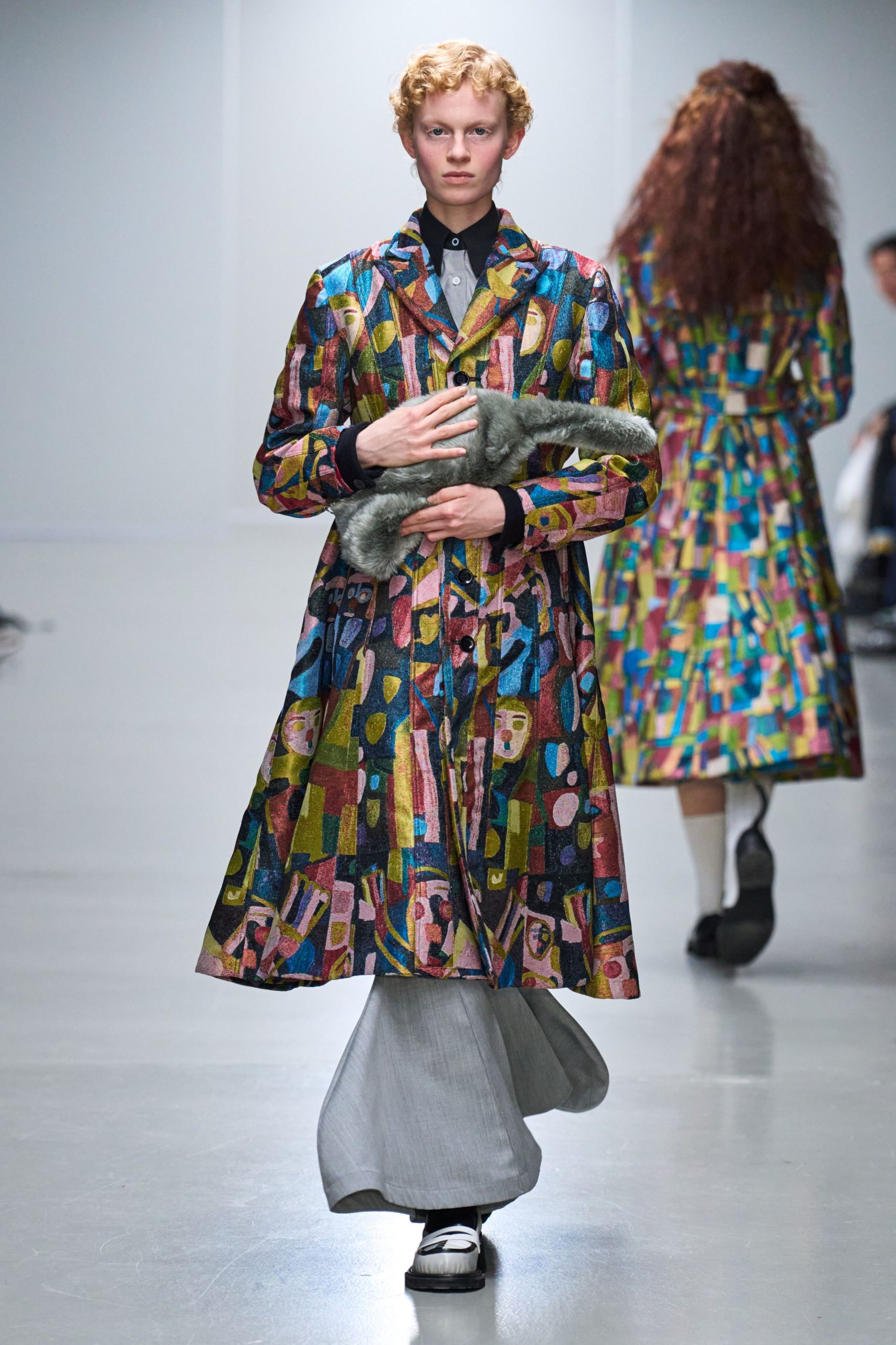 multi silk long-sleeve collared relaxed buttoned layered coat
