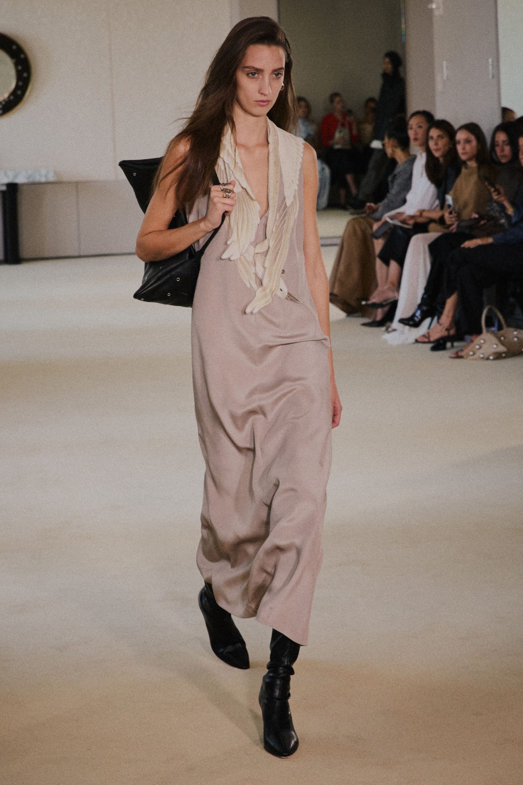 beige silk sleeveless v-neck fitted flowing maxi dress