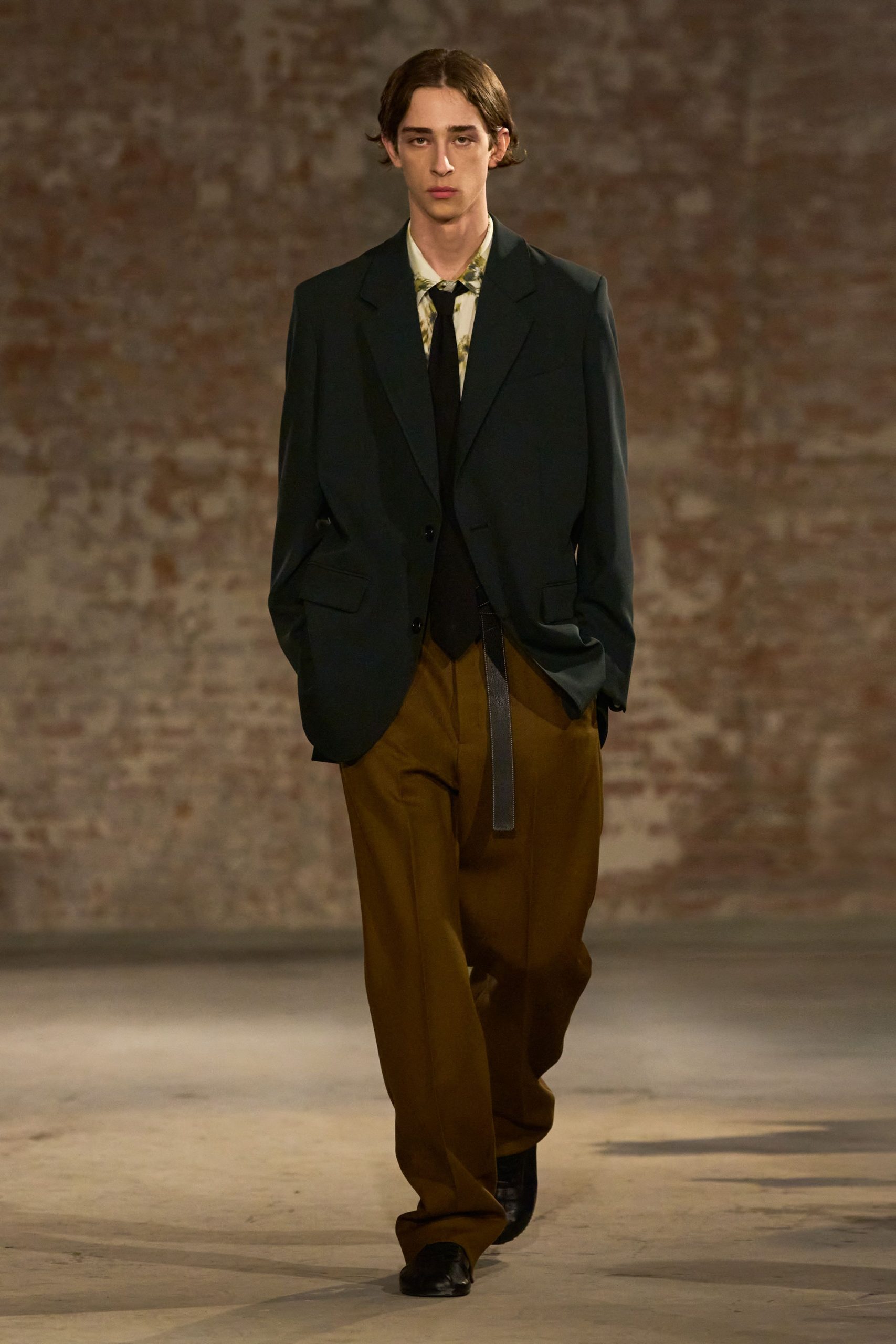 black green blazer with brown pants