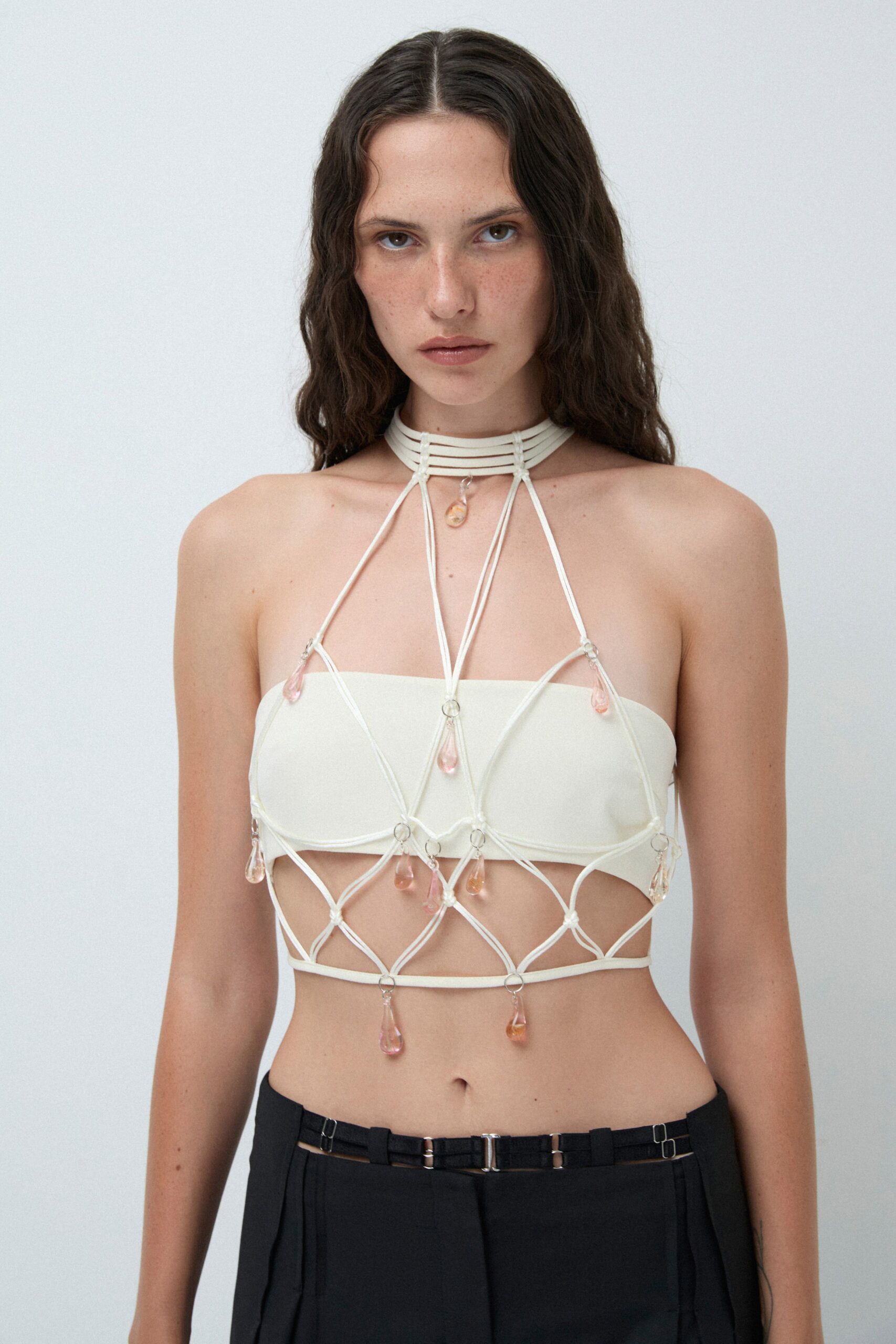 white cotton sleeveless halter fitted layered embellished top