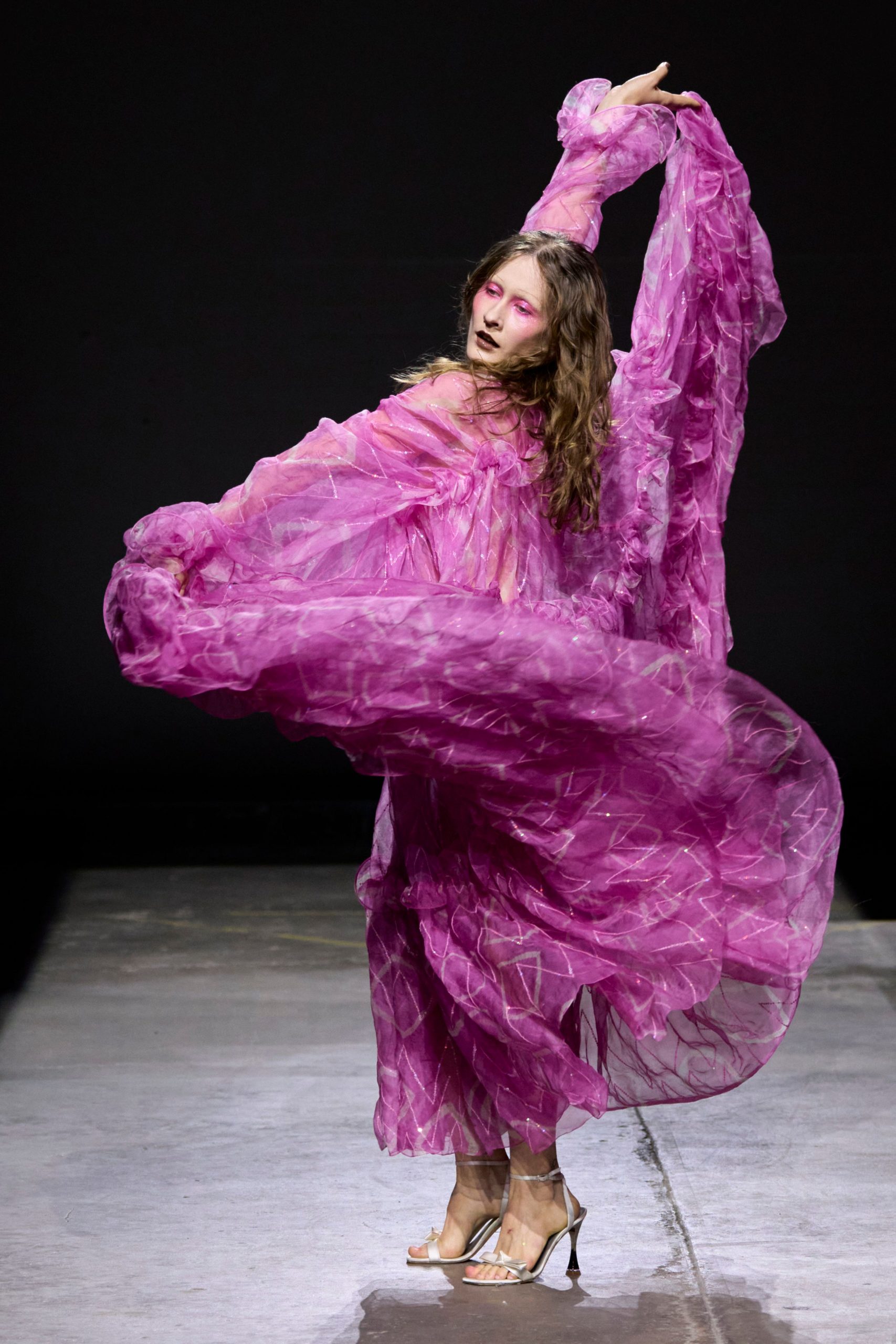 pink chiffon long-sleeve v-neck relaxed layered ruffled dress