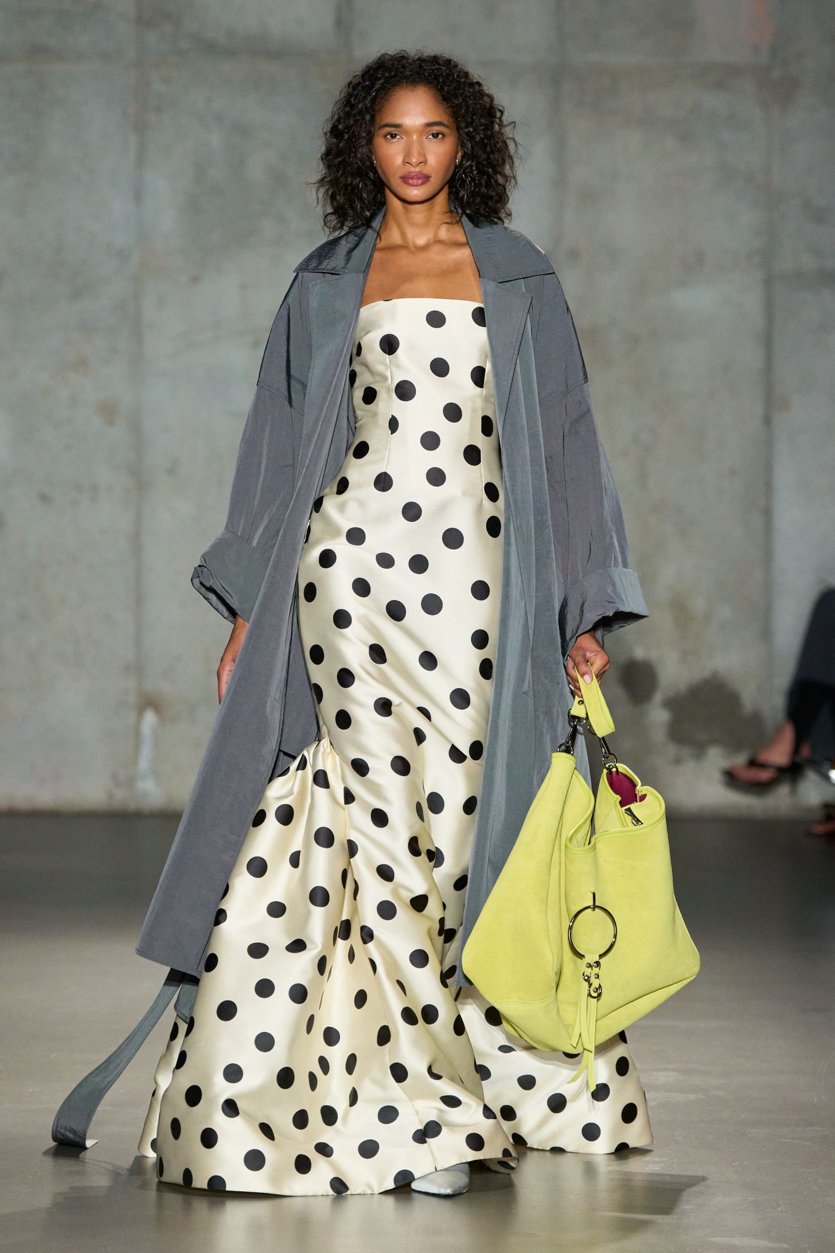 white silk strapless fitted polka-dot flared maxi dress
